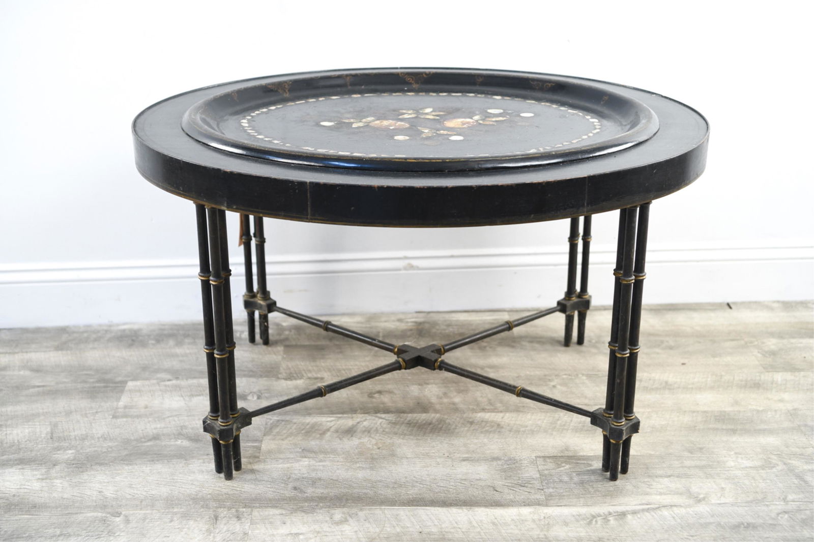 19TH C. ABALONE INLAID PAPIER-MACHE TRAY-TOP TABLE (1 of 8)