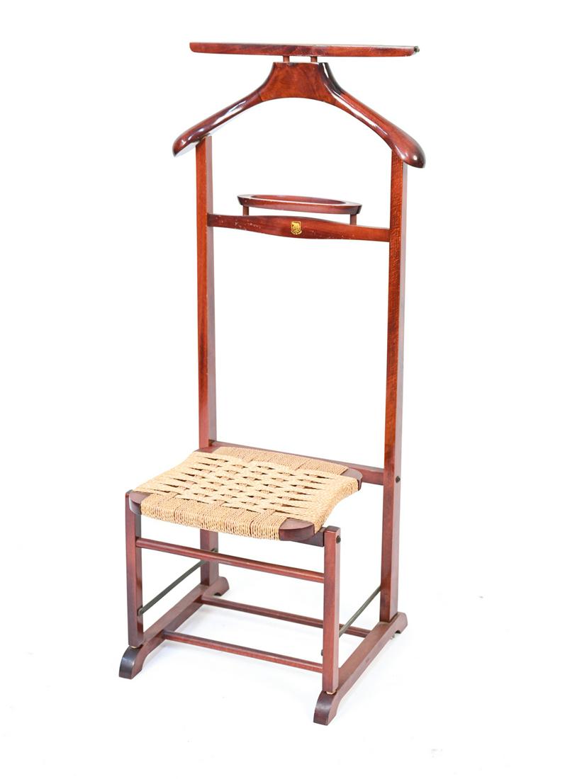 MID-CENTURY FOLDING VALET CHAIR: SPQR crest. Dimensions: (seat down) H 42.5" x W 16" x D 16" x SH 14.5" Condition: Some patina to metal, nicks and scuffs to wood, toning.