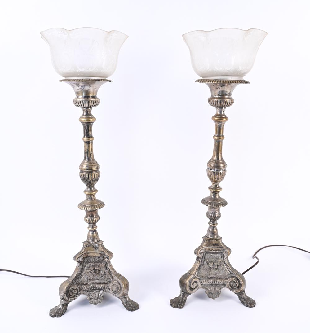 PAIR OF SILVERED BRASS ALTAR CANDLESTICK LAMPS (1 of 20)