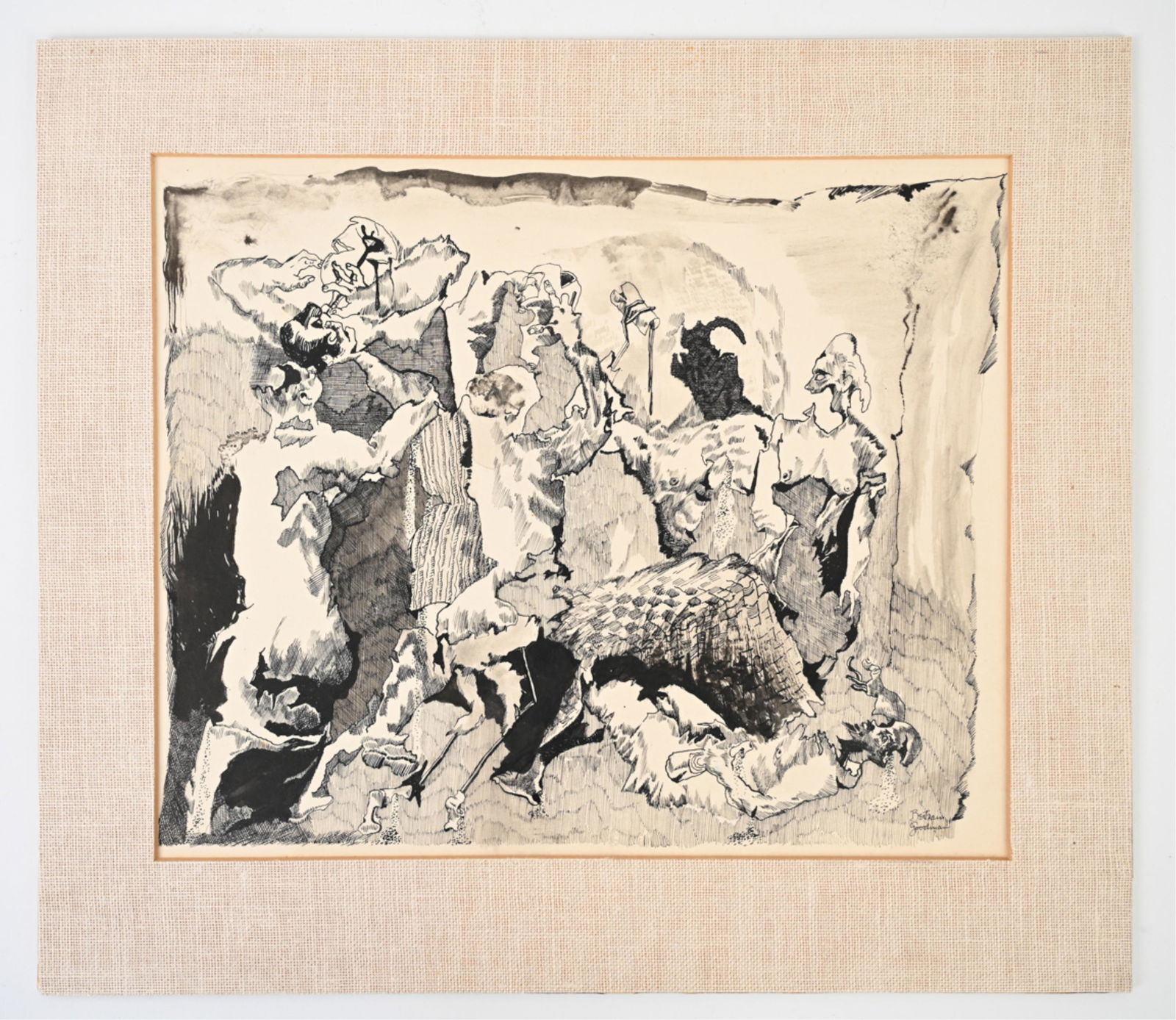 BERTRAM GOODMAN, NY (1904-1988) PEN & INK WASH: Signed lower right. Unframed. Dimensions: (Mat) H 14" x W 16"; (Paper) H 11" x W 16" Condition: Paper taped to mat at corners; showing light age toning and a few stray marks to margins. Mat with a few