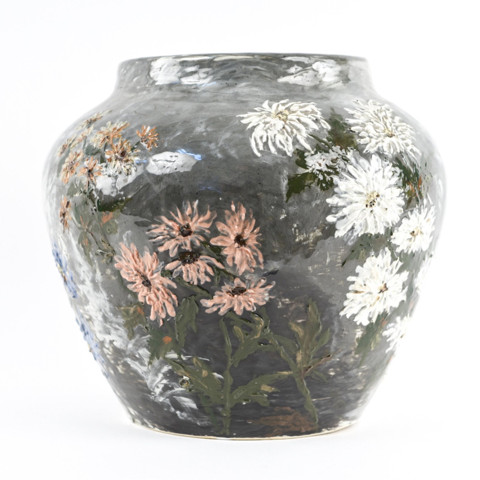 LATE 19TH C. BARBOTINE ART POTTERY JARDINIERE: Unmarked, unsigned. With heavily applied flowers. Dimensions: H 13" x Dia. 14" Condition: Crazing throughout, a few nicks and small chips to glaze.