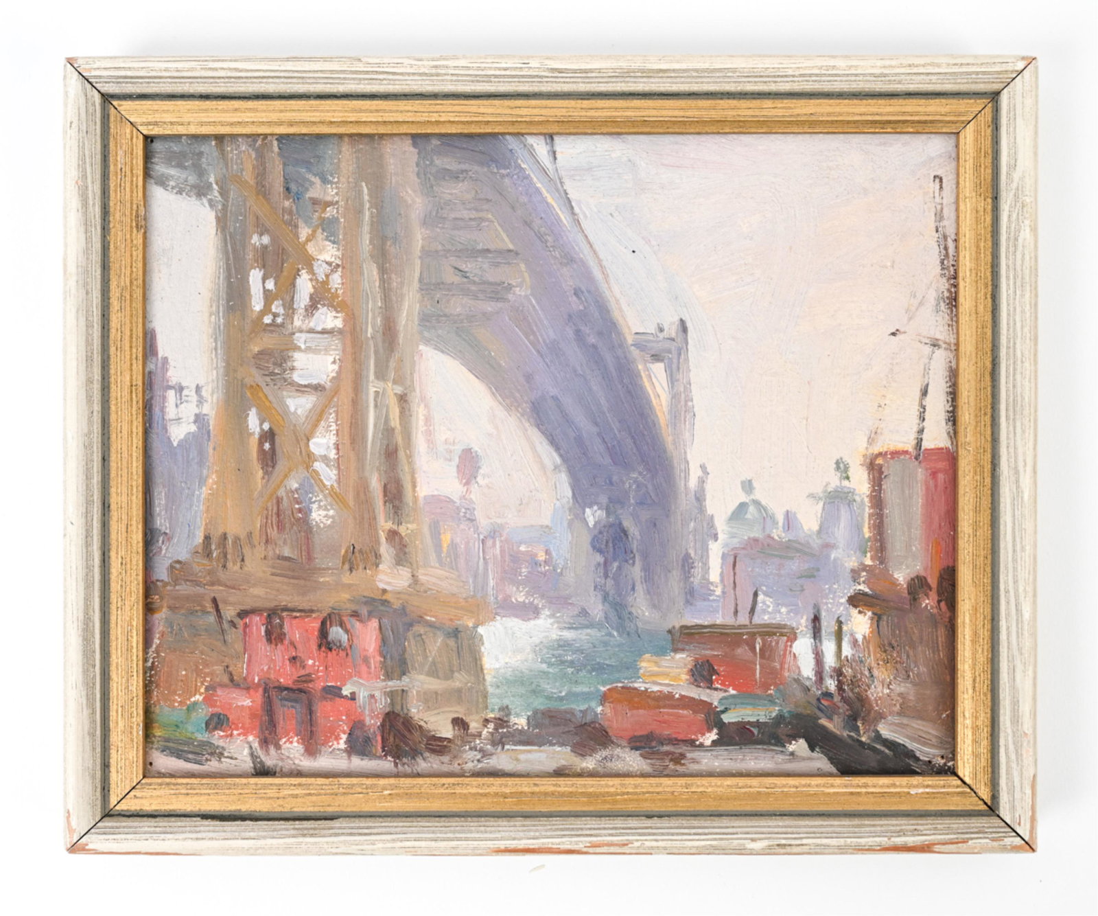 LELAND R. GUSTAVSON (1894-1966) O/B BRIDGE: Apparently unsigned; inscriptions verso give artist, provenance "Goult Family Collection" and indistinct subject "_ Bridge". Dimensions: (Frame) H 8" x W 9.75"; (Painting) H 7" x W 8.5" Condition: Boa