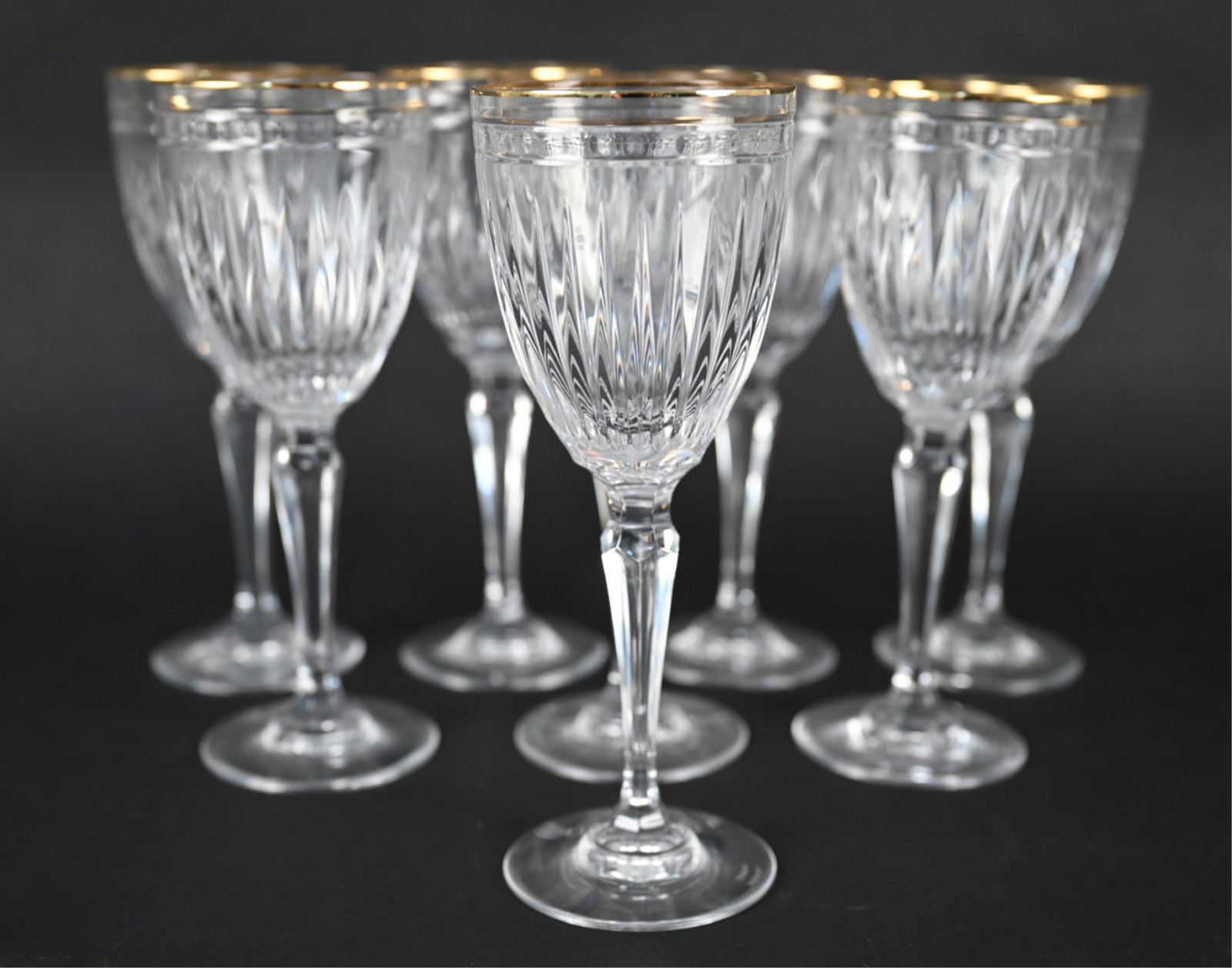 (8) WATERFORD CRYSTAL "HANOVER GOLD" WINE GOBLETS: Etched "Marquis by Waterford" mark underneath. Dimensions: H 7.75" x Dia. 3" Condition: No issues to note.
