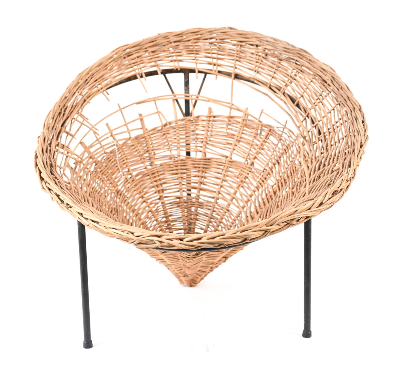 ROBERTO MANGO PETITE WICKER SUNFLOWER CHAIR, AS-IS: "Sunflower" chair with conical wicker seat and iron tripod legs, designed by Roberto Mango for Tecno c. 1950's; this rare example slightly scaled-down, perhaps a child's chair. Dimensions: H 22" x W 2