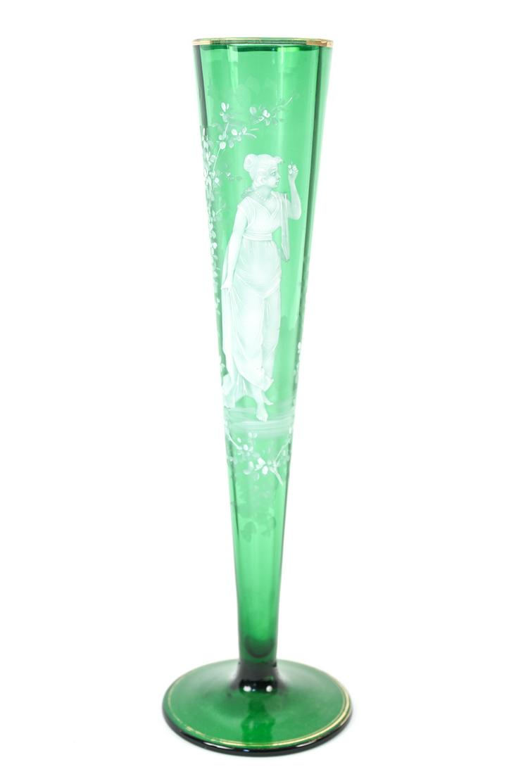 TALL BOHEMIAN ENAMELED EMERALD GLASS TRUMPET VASE: Tall trumpet vase with cameo-style enameled Neoclassical figure, apparently unsigned. Dimensions: H 17.25" x Dia. 5.25" Condition: Rubbing to gilt trim; a few tiny nicks to enamel.