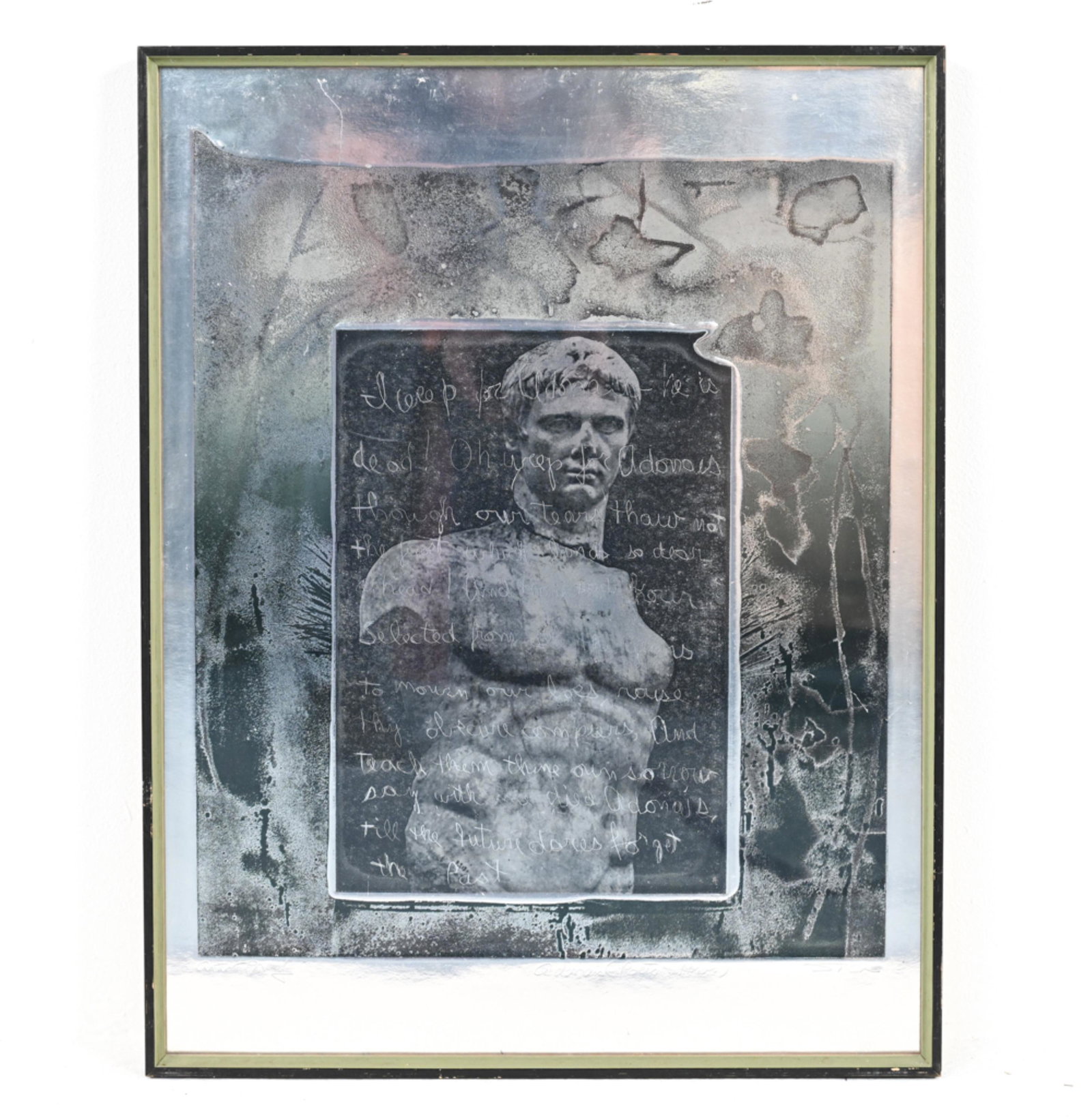 A/P INTAGLIO ON SILVER METALLIC PAPER: Denoted Artist's Proof, titled Adonis (Poets + Heros) [sic.] and signed indistinctly in lower margin. Dimensions: (Frame) H 26.75" x W 21" Condition Not examined out of frame. Frame with scuffs and fi