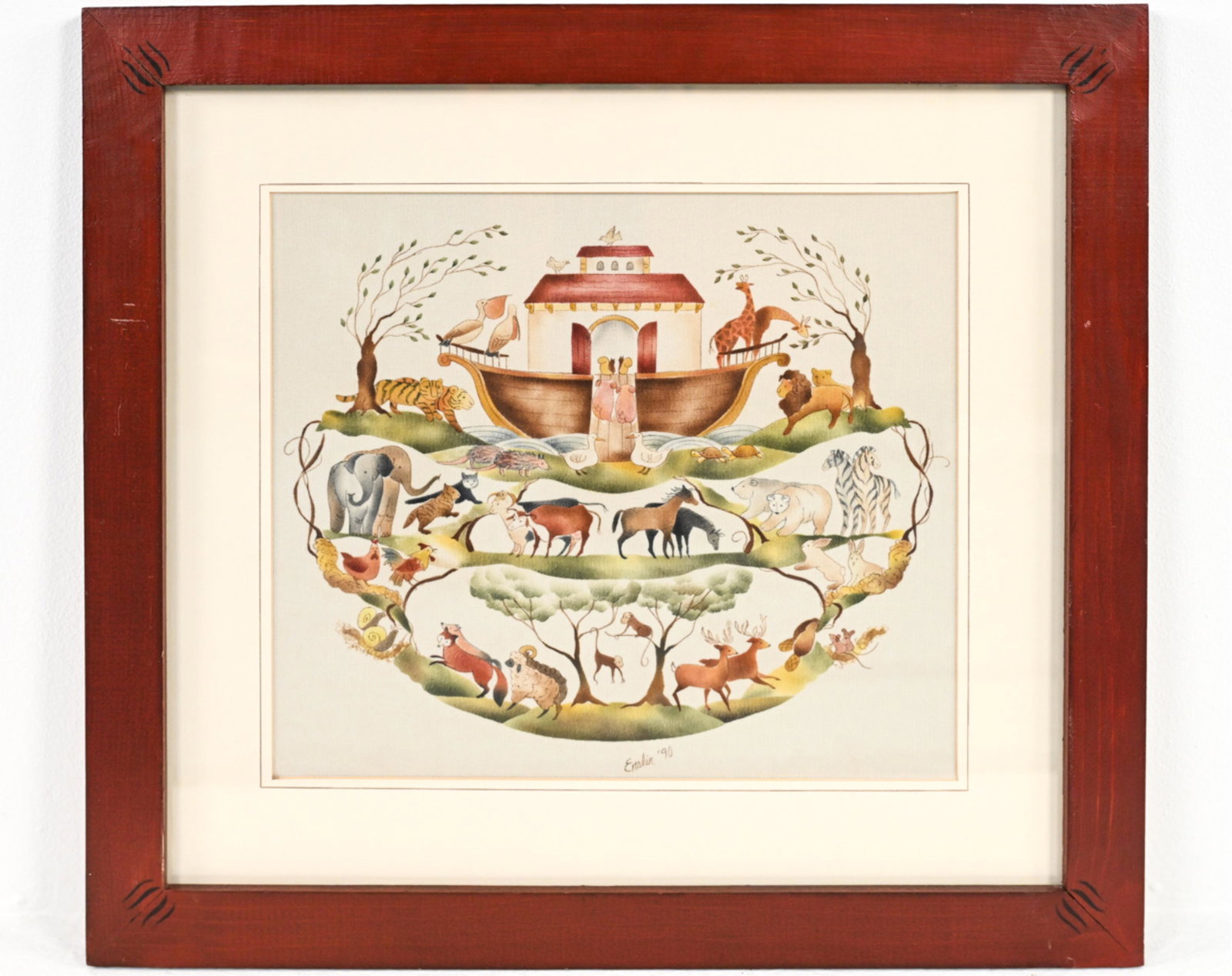 PAT ENSLIN CONTEMPORARY THEOREM PAINTING: In original painted frame. Signed and dated 1990 lower center; titled "Two by Two" with additional signature and date on paper verso; with informational label. Dimensions: (Frame) H 21" x W 23"; (Sigh