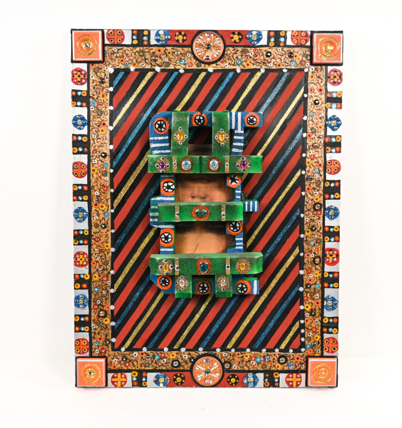 ROLAND ROBERGE (1945-2020) MIXED MEDIA: Sculptural mixed media with acrylic and metallic paints, glitter, collage, Styrofoam, wood, glass stones, and rhinestones. Signed, dated 2000, and titled "Caged Man" verso. Dimensions: H 48" x W 36" x
