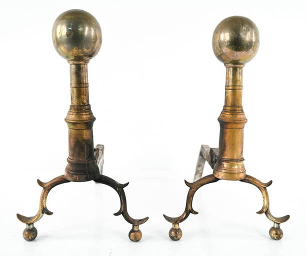 Pair Of Antique Brass Cannonball Andirons