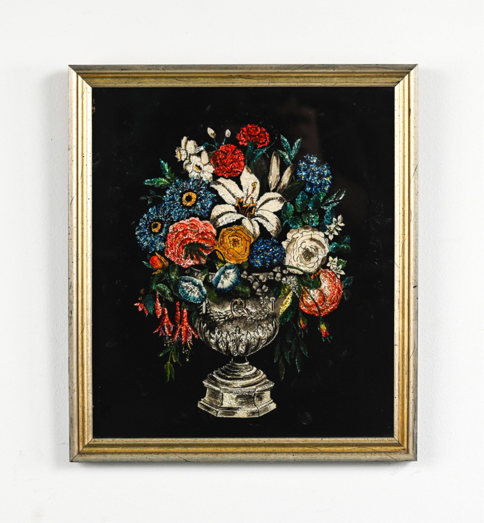 19TH/20TH C. TINSEL PAINTING, FLORAL STILL LIFE (1 of 9)