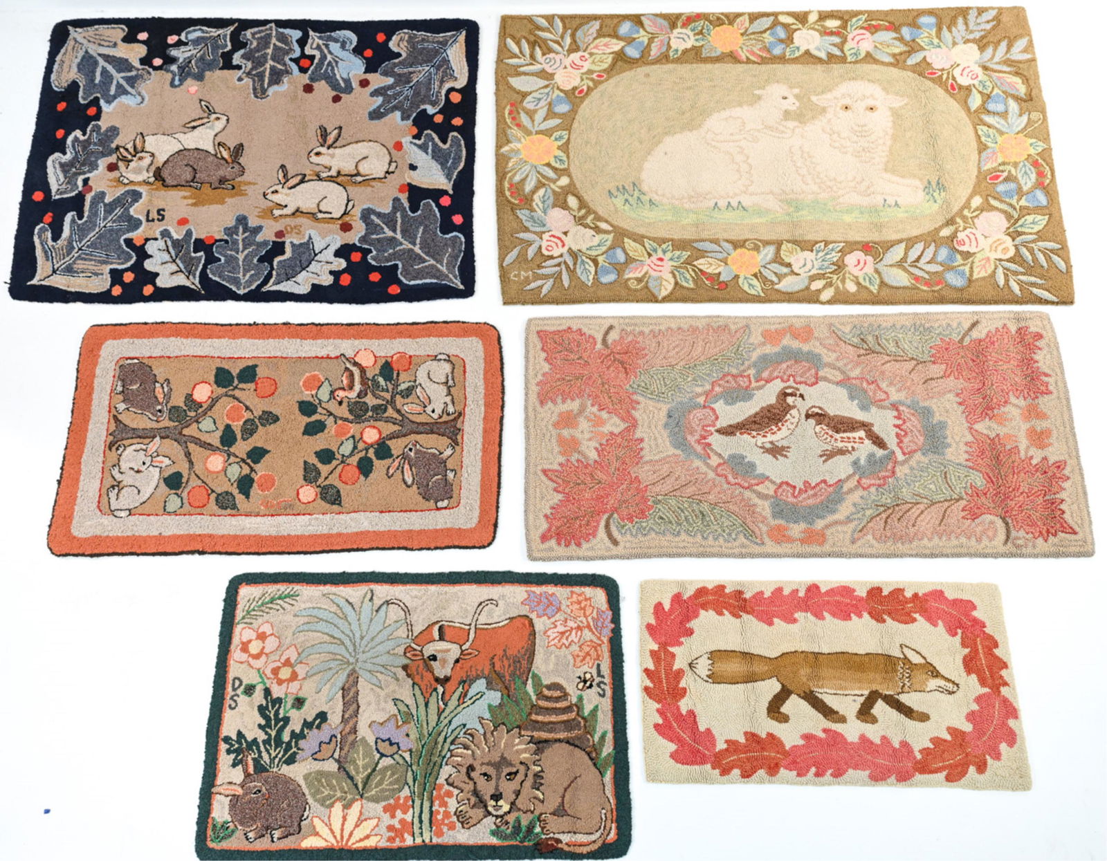 GROUPING OF (6) HAND-HOOKED PICTORIAL THROW RUGS (1 of 11)