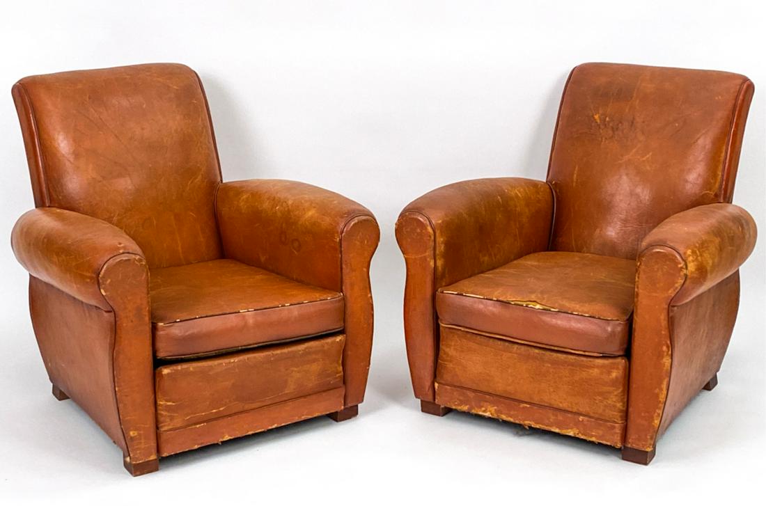 PAIR ANTIQUE FRENCH 1930S LEATHER LOUNGE CHAIRS (1 of 18)