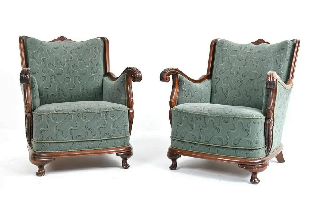 PAIR EARLY 20TH C. SCANDINAVIAN CARVED CLUB CHAIRS (1 of 16)
