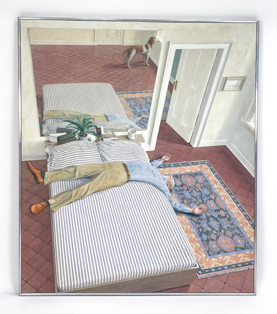 FRANK HOLMES, AMERICAN (20TH C.) A/C: Label verso from Monique Knowlton Gallery gives title as "Rudy," date of 1969, and medium of acrylic on canvas. Signed lower right. Second label verso from Newport Harbor Art Museum gives date as 1970