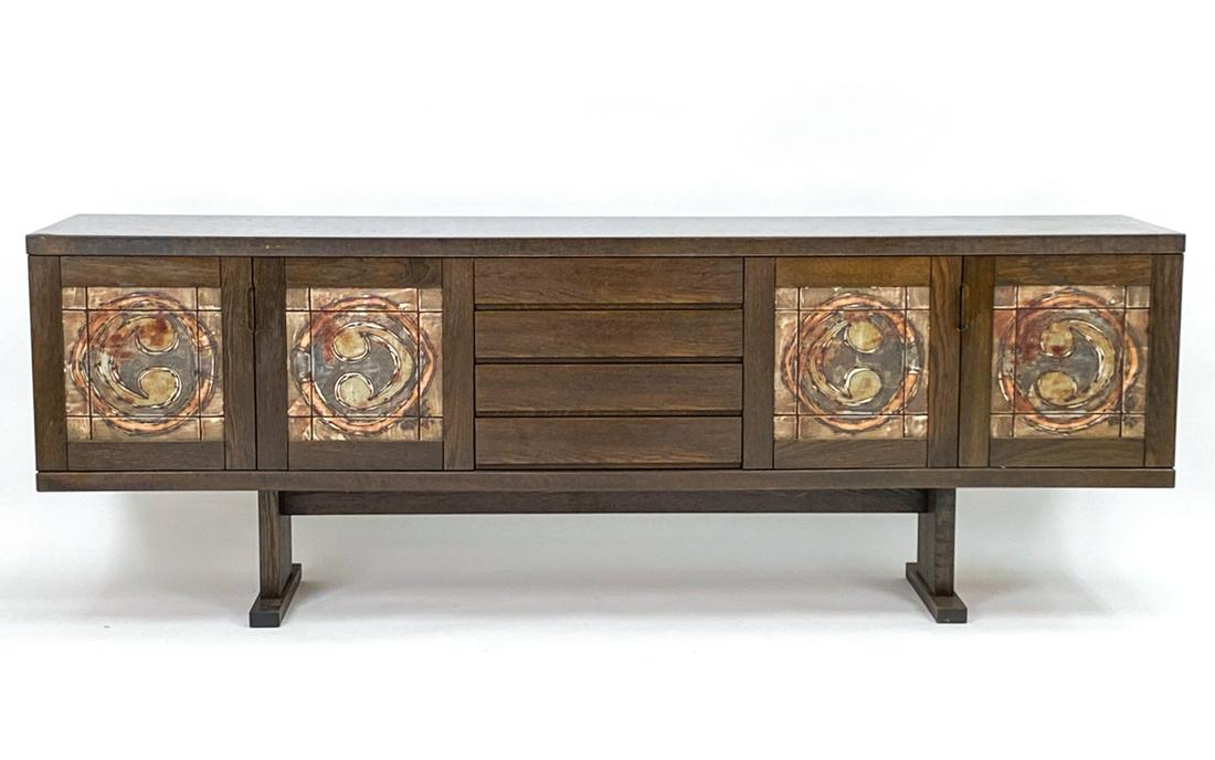 DANISH OX ART CERAMIC TILE INSET SIDEBOARD, 1970'S: Danish modern sideboard in espresso stained oak with abstract design Ox Art tiles, signed "Ox Art" and dated '77. Dimensions: H 30" x W 84.75" x D 18" Condition: Wear consistent with age and use inclu