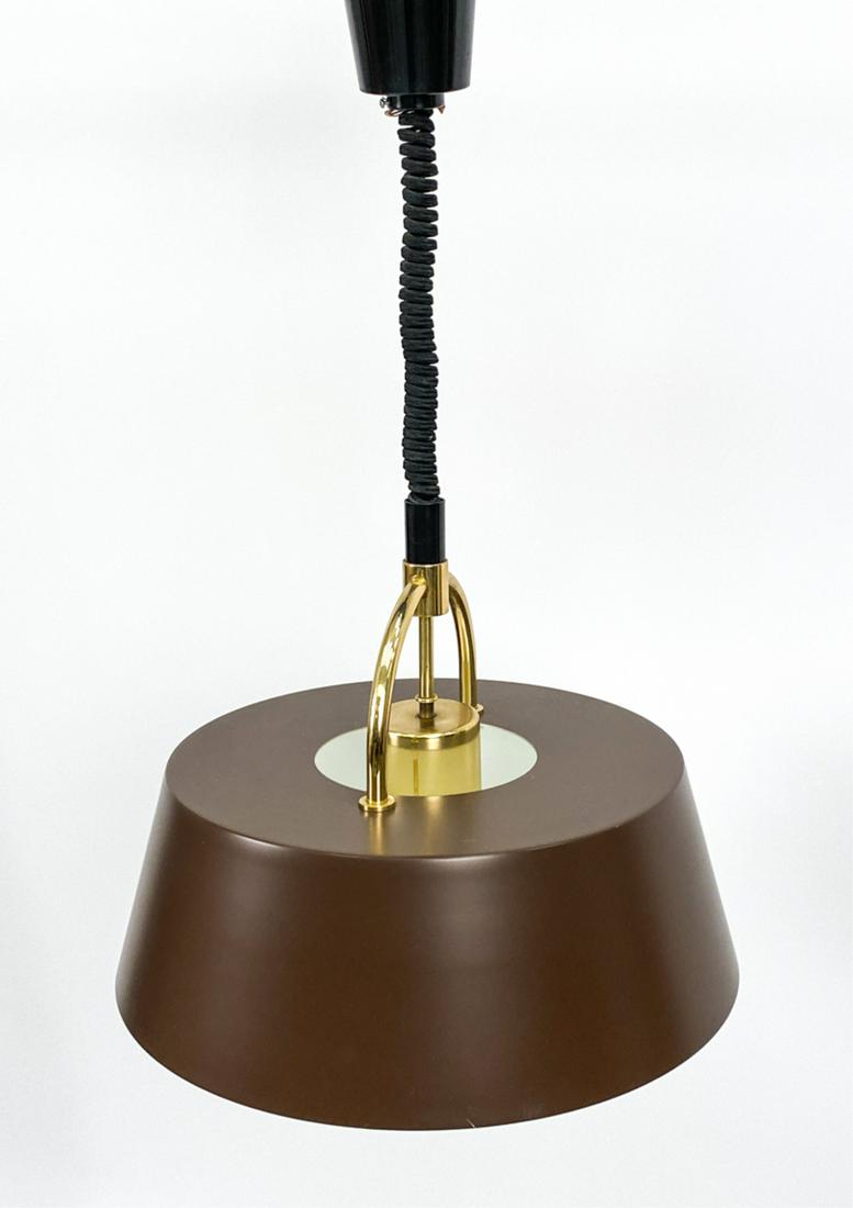 JO HAMMERBORG FOR FOG & MORUP HERCULES LIGHT: Danish mid-century pendant light designed by Jo Hammerborg for Fog & Morup. Model "Hercules." Maroon powder coated finish with brass rings. With Italian mid-century "Rolly" mechanism. Dimensions: (Pen