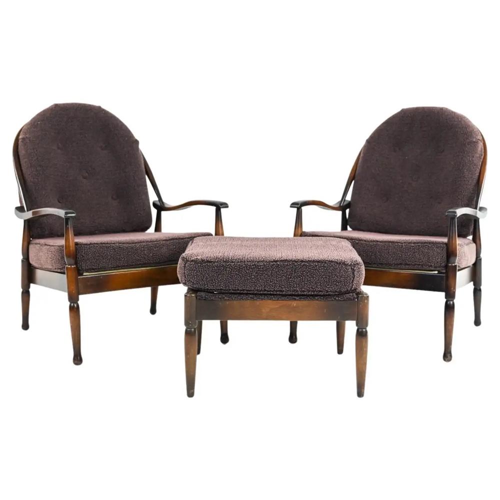 ERCOL-STYLE SPINDLE-BACK EASY CHAIRS & OTTOMAN (1 of 15)