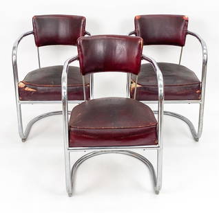 (3) LLOYD TUBULAR CHROME CHAIRS ATTR. KEM WEBER: Trio of Streamline Art Deco tubular chrome cantilever arm chairs attributed to Kem Webber. Vinyl upholstery. Lloyd Manufacturing Co. (Heywood-Wakefield Co.) label under. Dimensions: H 31.25" x W 20" x