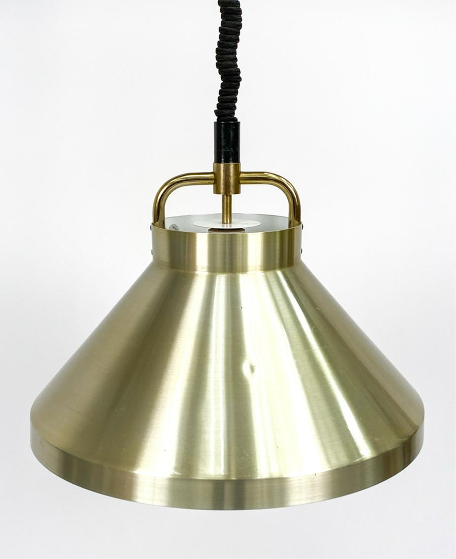 JO HAMMERBORG, FOG & MORUP "TAROK" PENDANT LIGHT: Danish mid-century brass finish pendant light designed by Jo Hammerborg for Fog & Morup, 1977. Model "Tarok." With Fog & Morup label. Dimensions: (Pendant) H 14.5" x Dia. 16" Condition: Untested. Smal