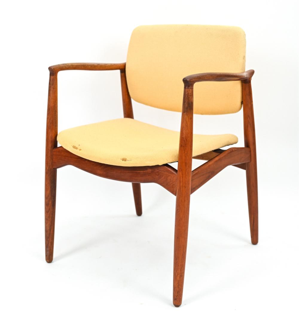 ARNE VODDER FOR ORUM DANISH ARMCHAIR: Sculptural Danish mid-century teak armchair with period butter yellow wool upholstery. Designed by Arne Vodder for Orum. Heat stamped underneath: Made in Denmark, Orum. Dimensions: H 31.5" x W 24.25"