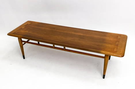 ANDRE BUS FOR LANE ACCLAIM COFFEE TABLE: Mid-century coffee table designed by Andre Bus for Lane Furniture. Walnut and oak, 1967. Dimensions: H 14" x W 54" x D 18" Condition: Light wear consistent with age and use. Some fading to top.