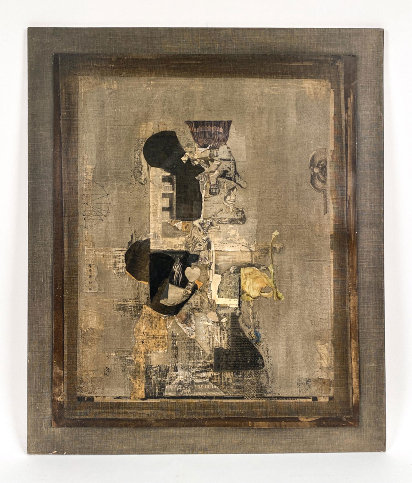 FRED OTNES JR. (1930-2015) ABSTRACT MIXED MEDIA: Mixed media collage on canvas. Mounted on canvas, canvas mounted on backing. Signed, dated, and titled verso: "Queen of Hearts," 1994. Dimensions: (Overall) H 30" x W 25.25" Condition: Some separation