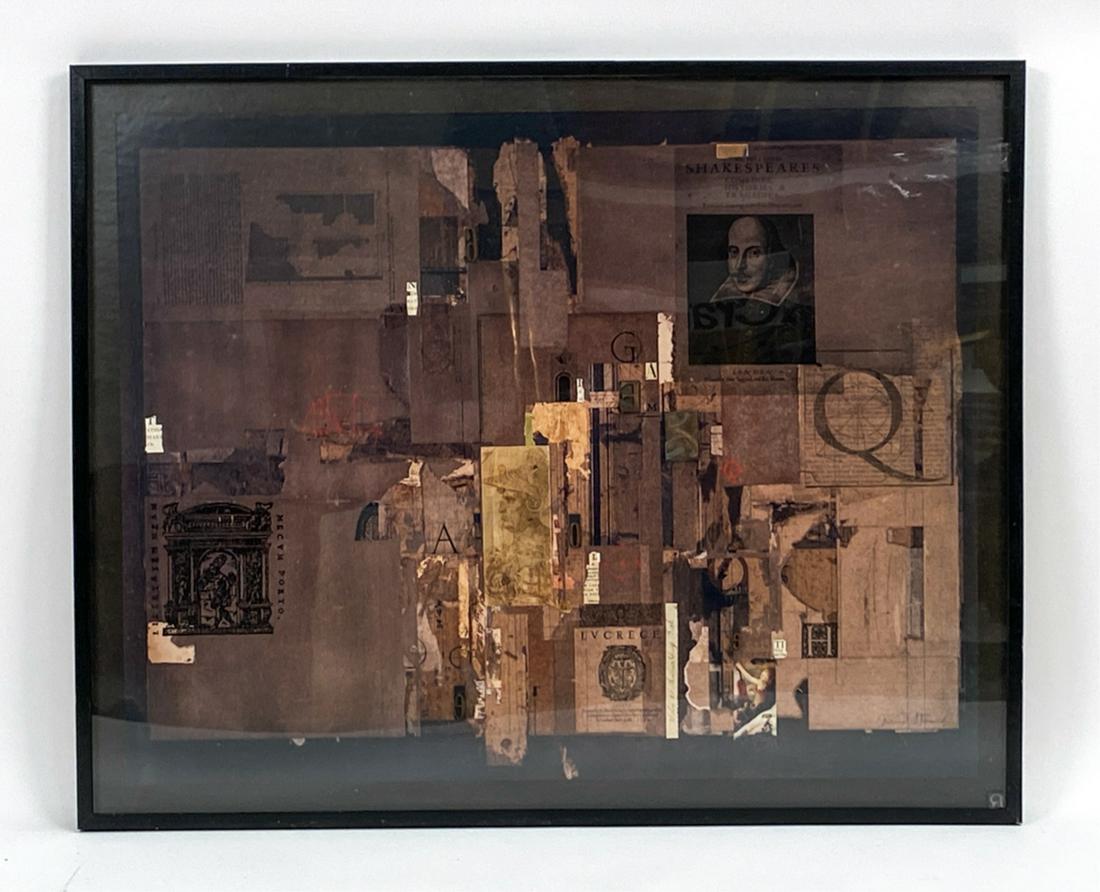 FRED OTNES JR. (1930-2015) ABSTRACT MIXED MEDIA: Mixed media collage. Print collage with antique print blocks. Signed lower right. Titled "Bantam Wall" verso. Annual exhibition form verso. Dimensions: (Frame) H 34" x W 42" Condition: One block detac