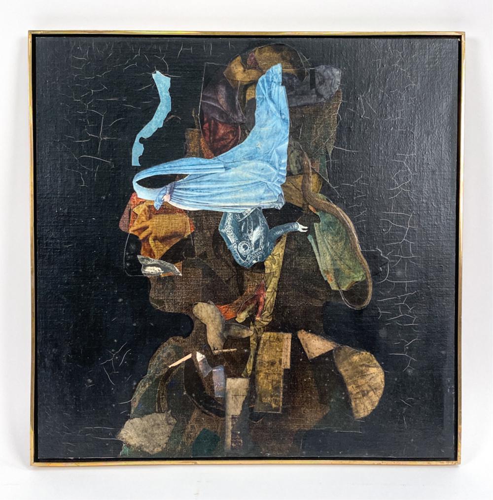 FRED OTNES JR. (1930-2015) OIL & COLLAGE: Oil and collage on canvas, laid on board. Signed, titled "Collage Head With Black," dated 1987 verso. Dimensions: (Frame) H 21.5" x W 21.5" Condition: Crazing to black background. Provenance: Collecti