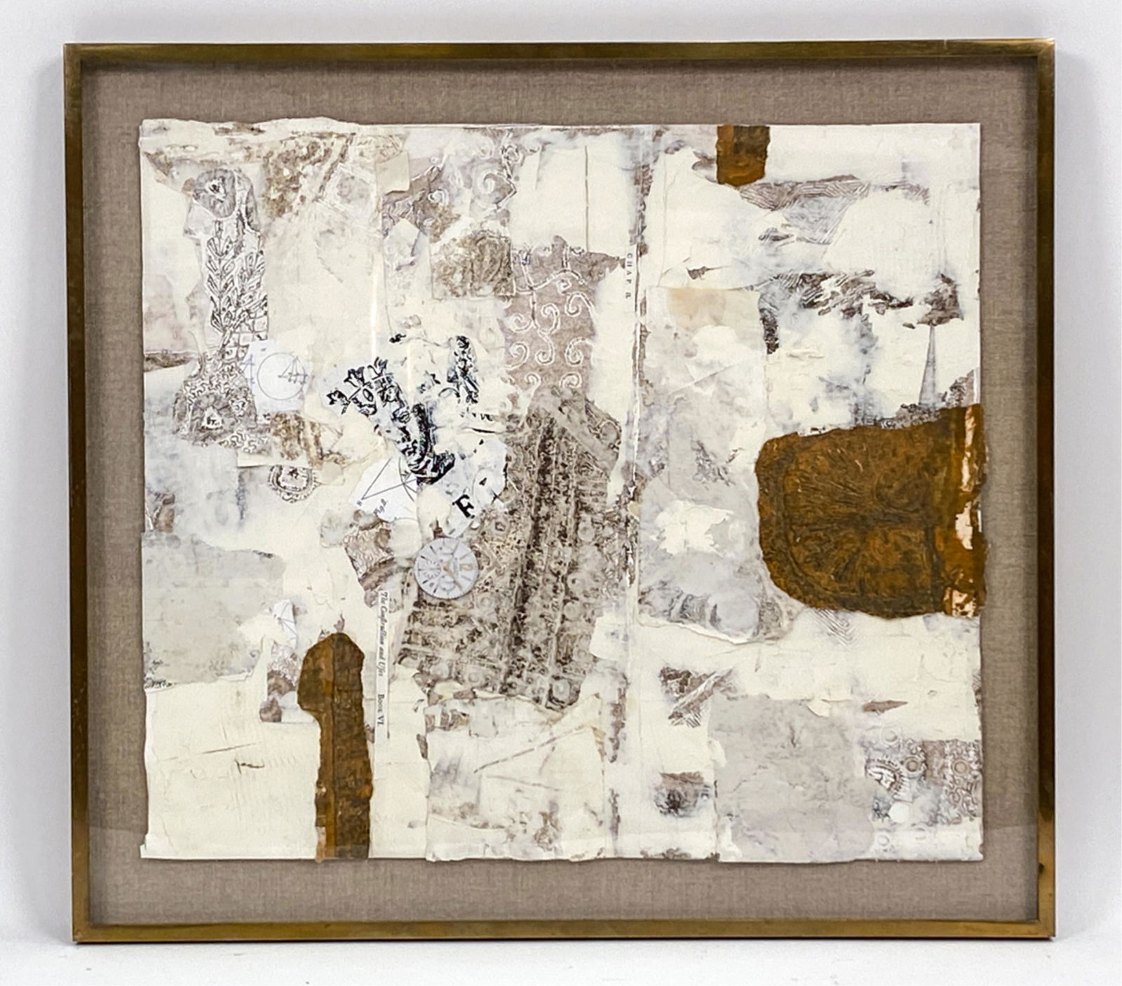 FRED OTNES JR. (1930-2015) ABSTRACT MIXED MEDIA: Collage with gesso on paper. Float mounted. Apparently unsigned. Dimensions: (Frame) H 26.5" x W 29" Condition: Few stray marks to the frame. Provenance: Collection of the artist 2015. Collection of R
