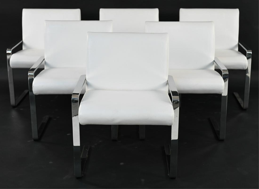 (6) BRNO-STYLE FLAT BAR CHROME & LEATHER CHAIRS: Set of (6) dining chairs in the style of Ludwig Mies Van der Rohe and Lilly Reich, featuring cantilevered flat bar chrome frames and white leather upholstery. Apparently unsigned, c. 1970's. Dimension