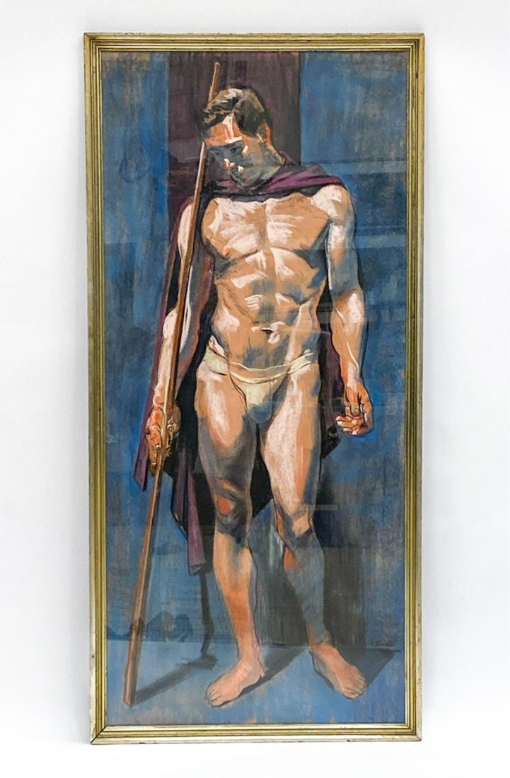LARGE MALE NUDE PASTEL PAINTING: Possibly 1920's/30's. Indistinctly signed. Dimensions: (Frame) H 67" x W 32" Condition: Clean and bright. No apparent losses to pastel.