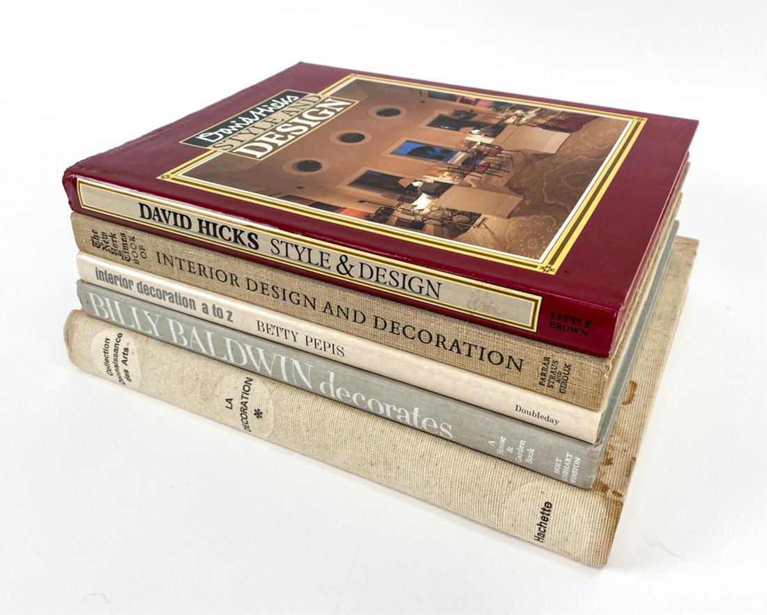 GROUPING INTERIOR DESIGN BOOKS INCL. BILLY BALDWIN: Grouping (5) Interior Design books including Billy Baldwin Decorates, Collection Connaissance des Arts La Decoration 1963; 311 pages, David Hicks Style & Design 1st Edition, Betty Pepis Interior Decor