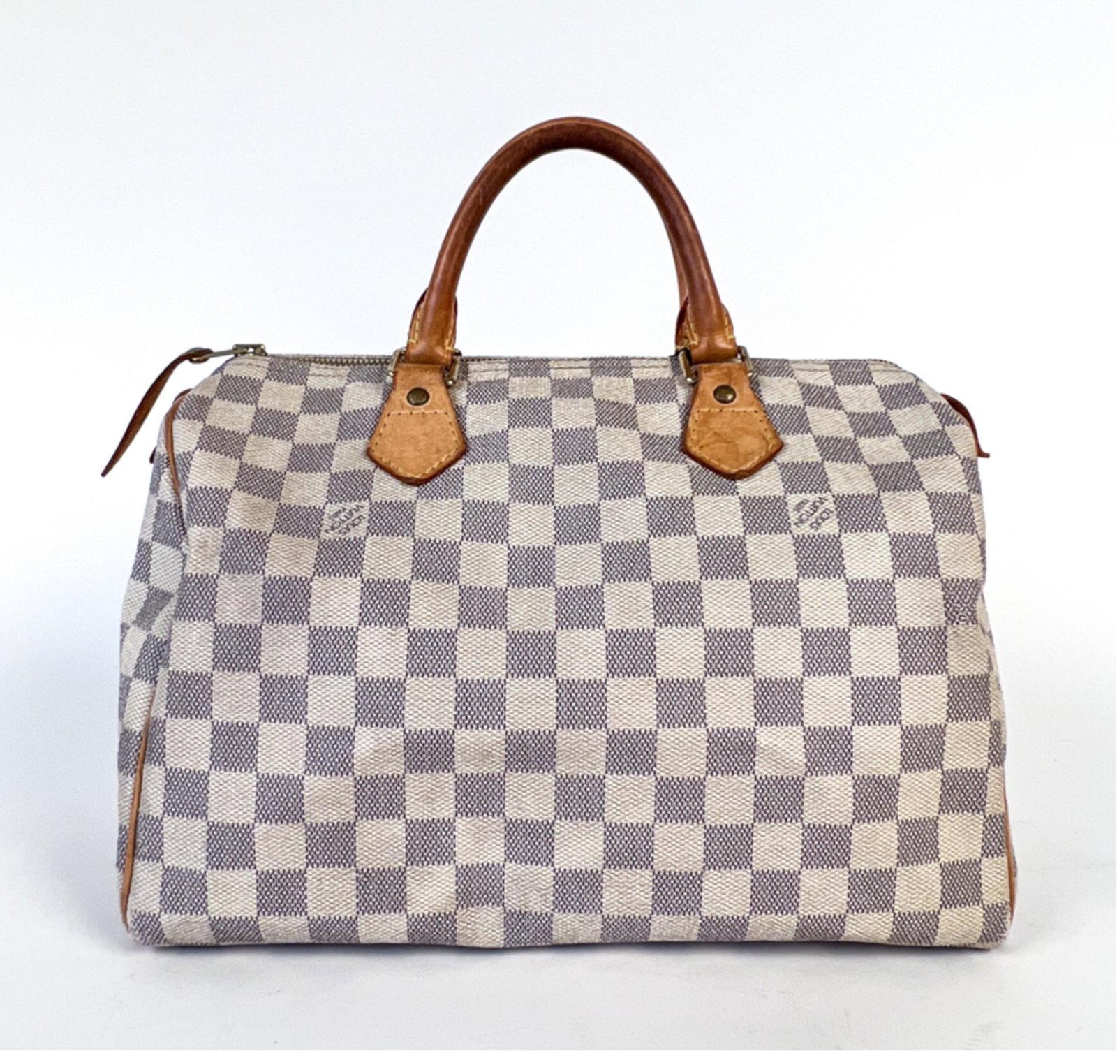 LOUIS VUITTON DAMIER AZUR CANVAS SPEEDY 30 HANDBAG: Genuine Louis Vuitton Speedy 30 satchel in Azur Damier check coated canvas with Vachetta leather trim; c. 2007. Dimensions: H 8.5" x W 12" x D 7" x Handle drop 4" Condition: In good used condition ove