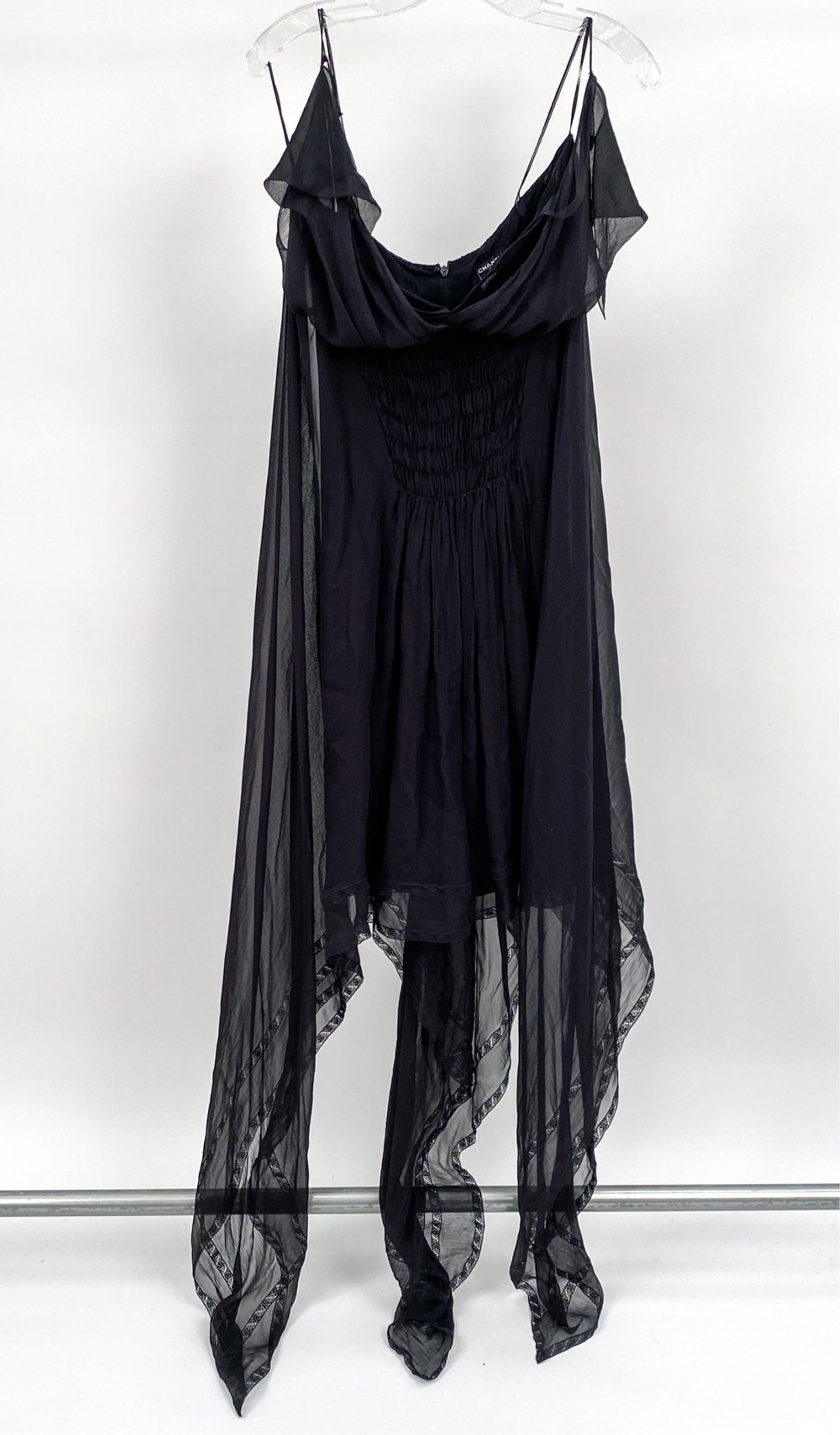 CHANEL RESORT 2008 SILK CHIFFON DRESS: Silk chiffon dress with strappy halter neck and lace-trimmed handkerchief hem, size FR 36. Condition: In very good used condition overall; showing light wear consistent with age and use. Presented by 