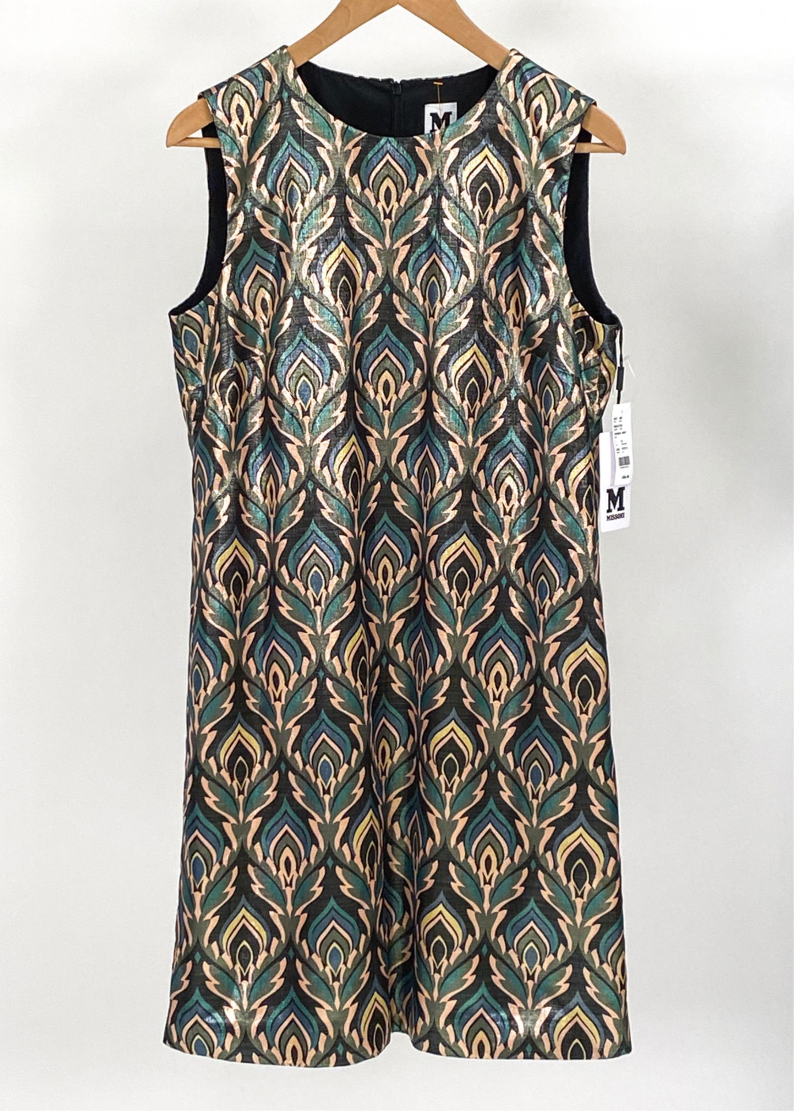 M MISSONI METALLIC OGEE PRINTED SHIFT DRESS, 44: Size IT 44. Condition: New Old Stock; with original store tags. No issues to note.