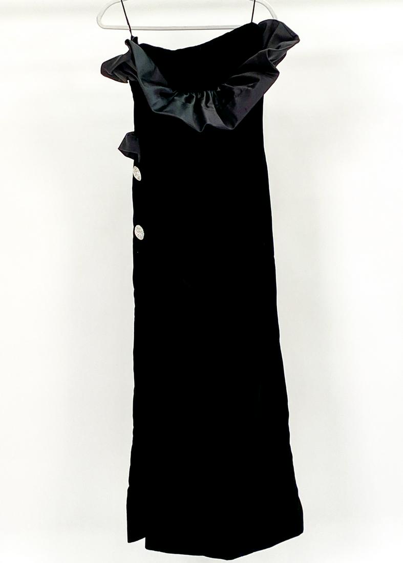 VINTAGE GIVENCHY VELVET & RUFFLED SATIN GOWN: Exquisite genuine Givenchy tea-length velvet gown with sculptural satin ruffle and oversized crystal encrusted buttons; approx. waist size 27". Condition: In excellent vintage condition; showing few s