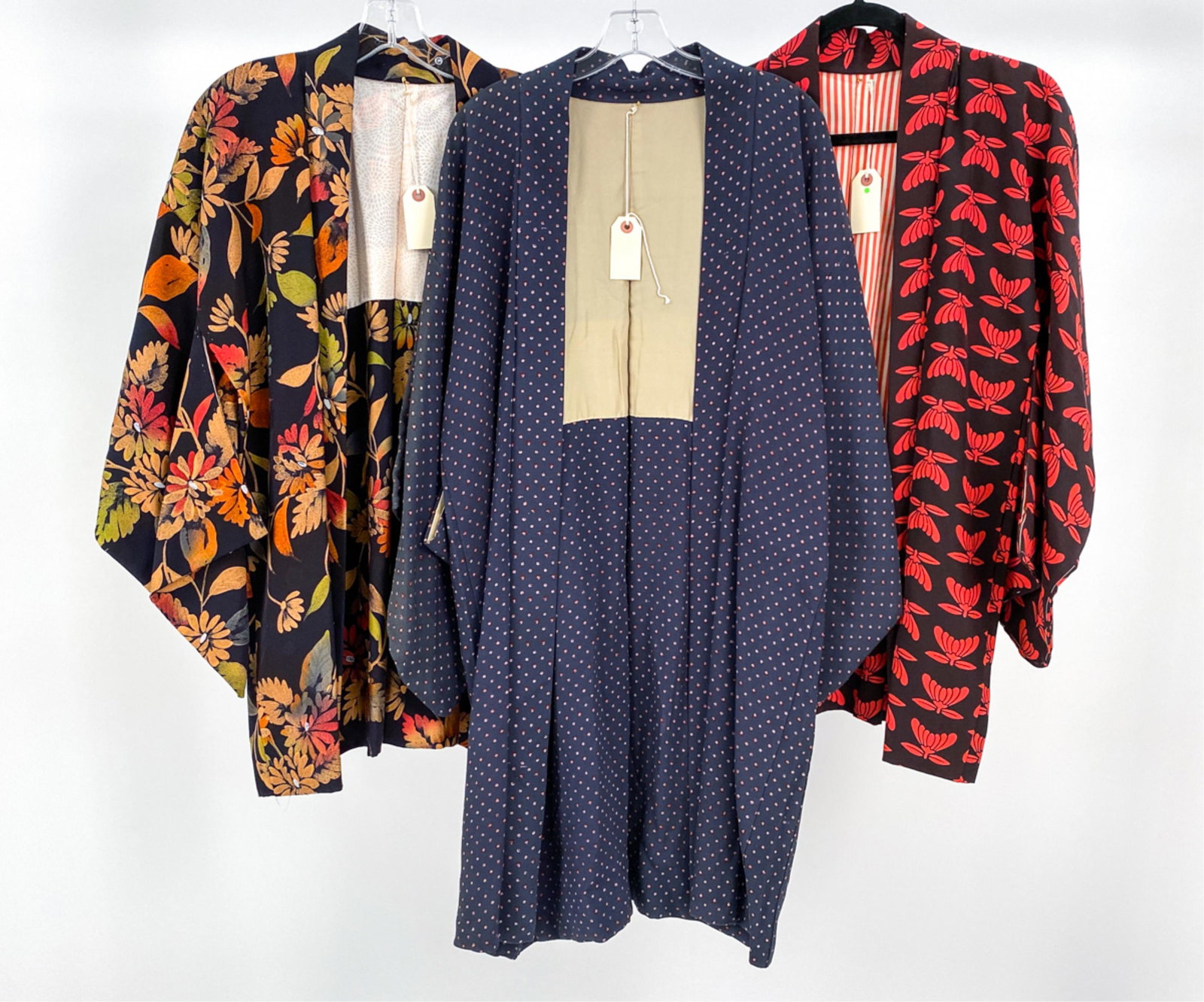 (3) VINTAGE HAORI KIMONO JACKETS: Condition: In good- to very good vintage condition overall; showing light wear including some fading and/or discoloration to fabric, a couple seam separations, etc. Presented by Westport Auction in pa