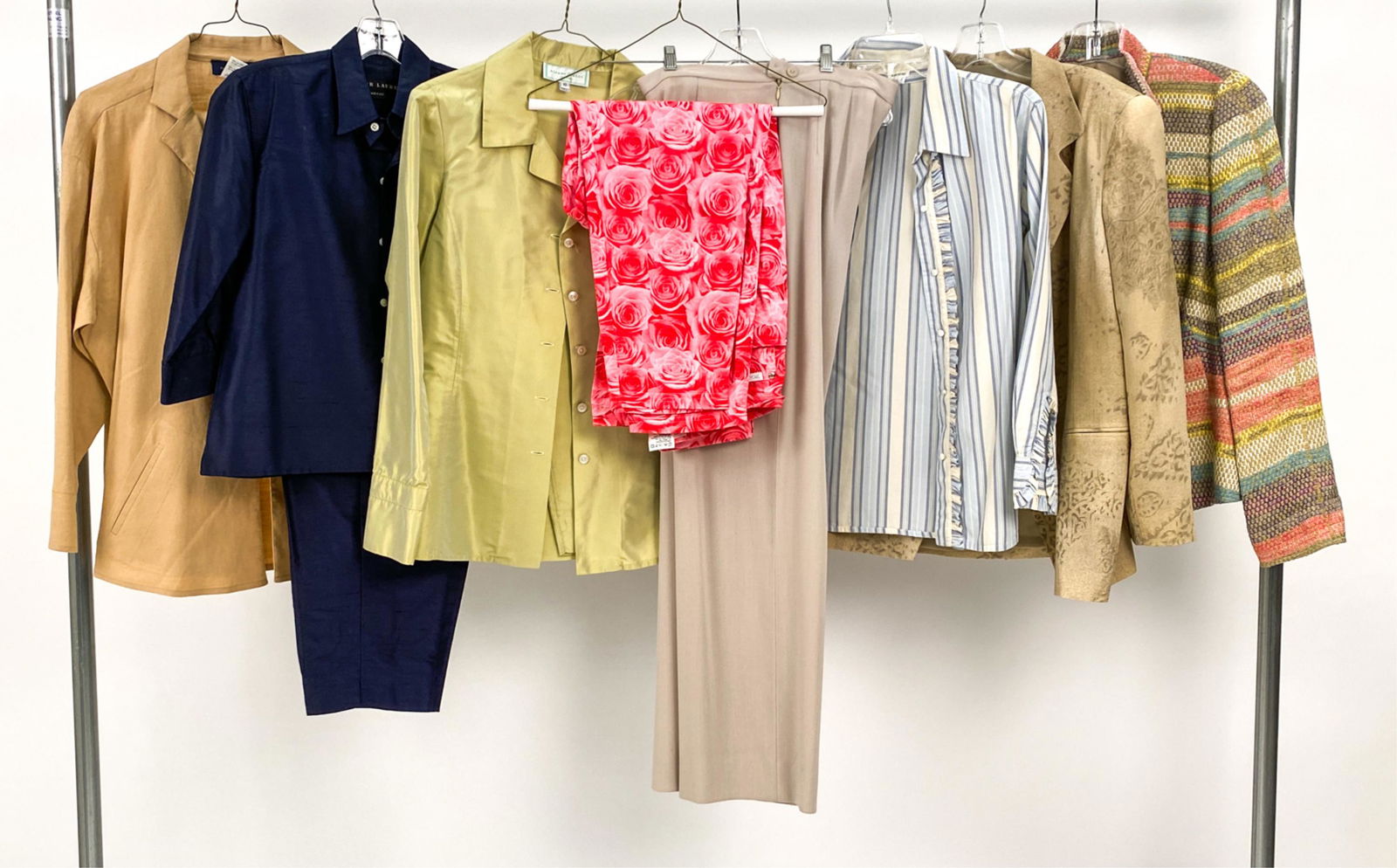 VINTAGE CASUAL WEAR INCL. RALPH LAUREN, ESCADA M/L: Including: Escada rose print jeans, size 40; Max Mara wool trousers, size 8; Alease Fisher silk shantung pant set, size 10; Ralph Lauren navy silk pants set, size 10 (jacket) / 12 (pants); and various