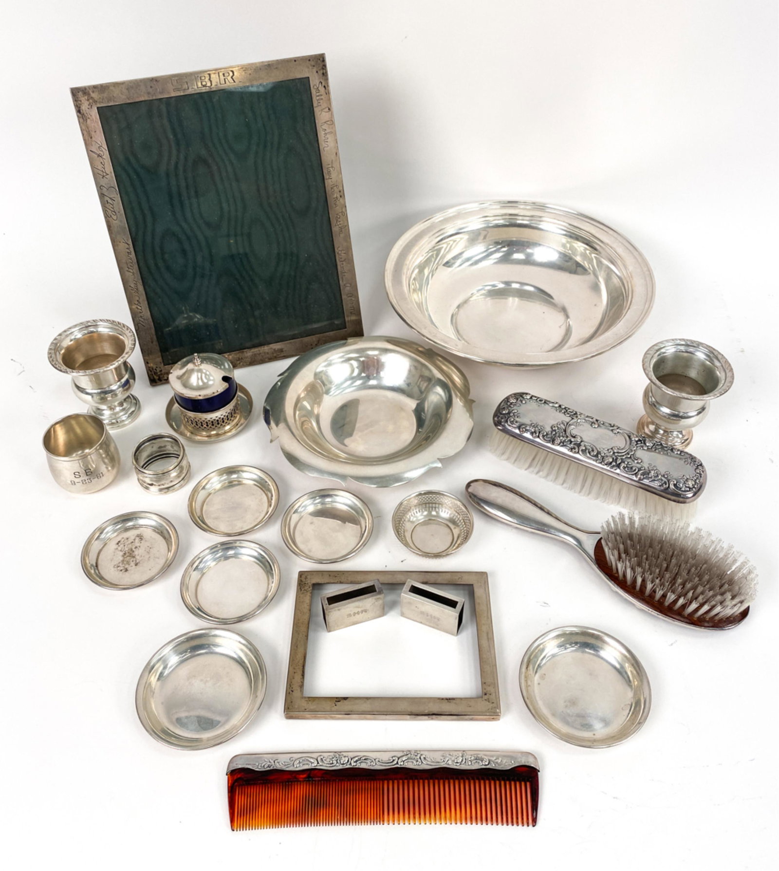 GROUPING OF STERLING SILVER INCL. VANITY ITEMS: Grouping of antique sterling silver including Tiffany bowl, Gorham grooming set, pair of miniature weighted vases, picture frames, vanity items, cobalt salt, bowl, reticulated nut dish, napkin rings,
