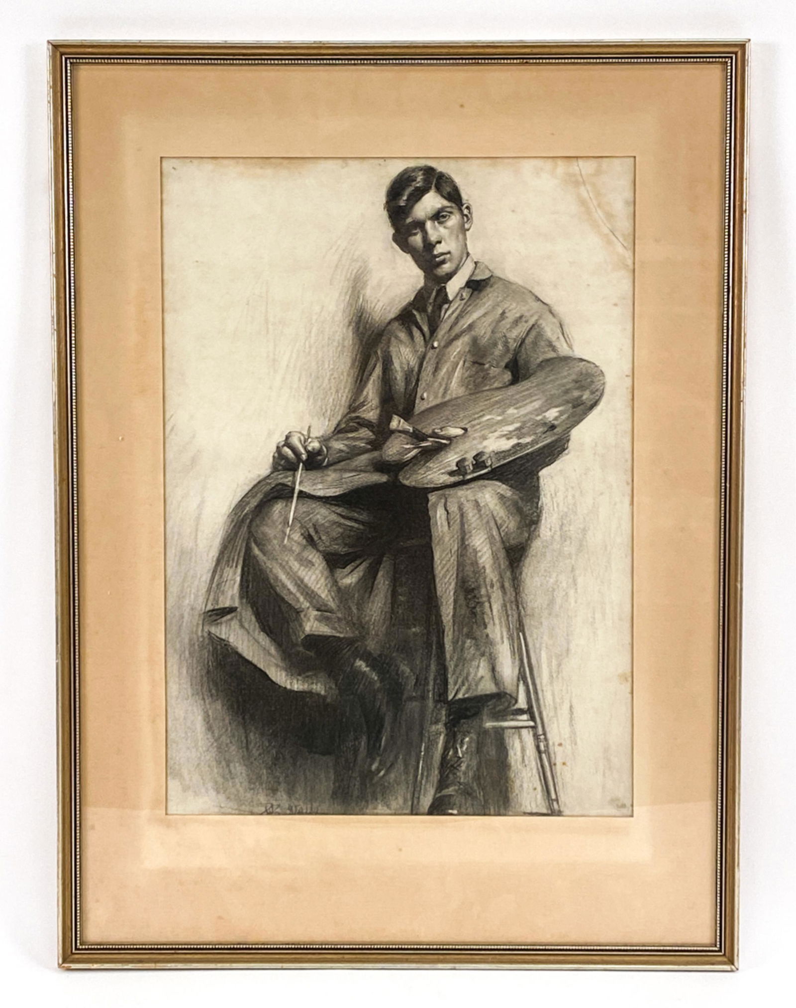 C. 1900 PORTRAIT OF ARTIST: Charcoal portrait of seated young artist. Indistinctly signed along lower edge. Dimensions: (Frame) H 31.25" x W 23.25", (Sight) H 22.5" x W 16" Condition: Upper right corner of paper torn and reattac