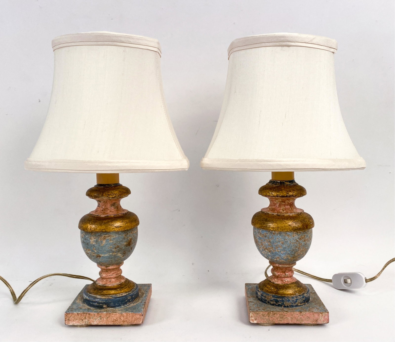 PAIR OF CONTEMPORARY ITALIAN ANTIQUE-STYLE LAMPS: Faux antiqued turned wood lamps. Dimensions: (To socket) H 10.5" x W 4" x D 4" Condition: Untested.
