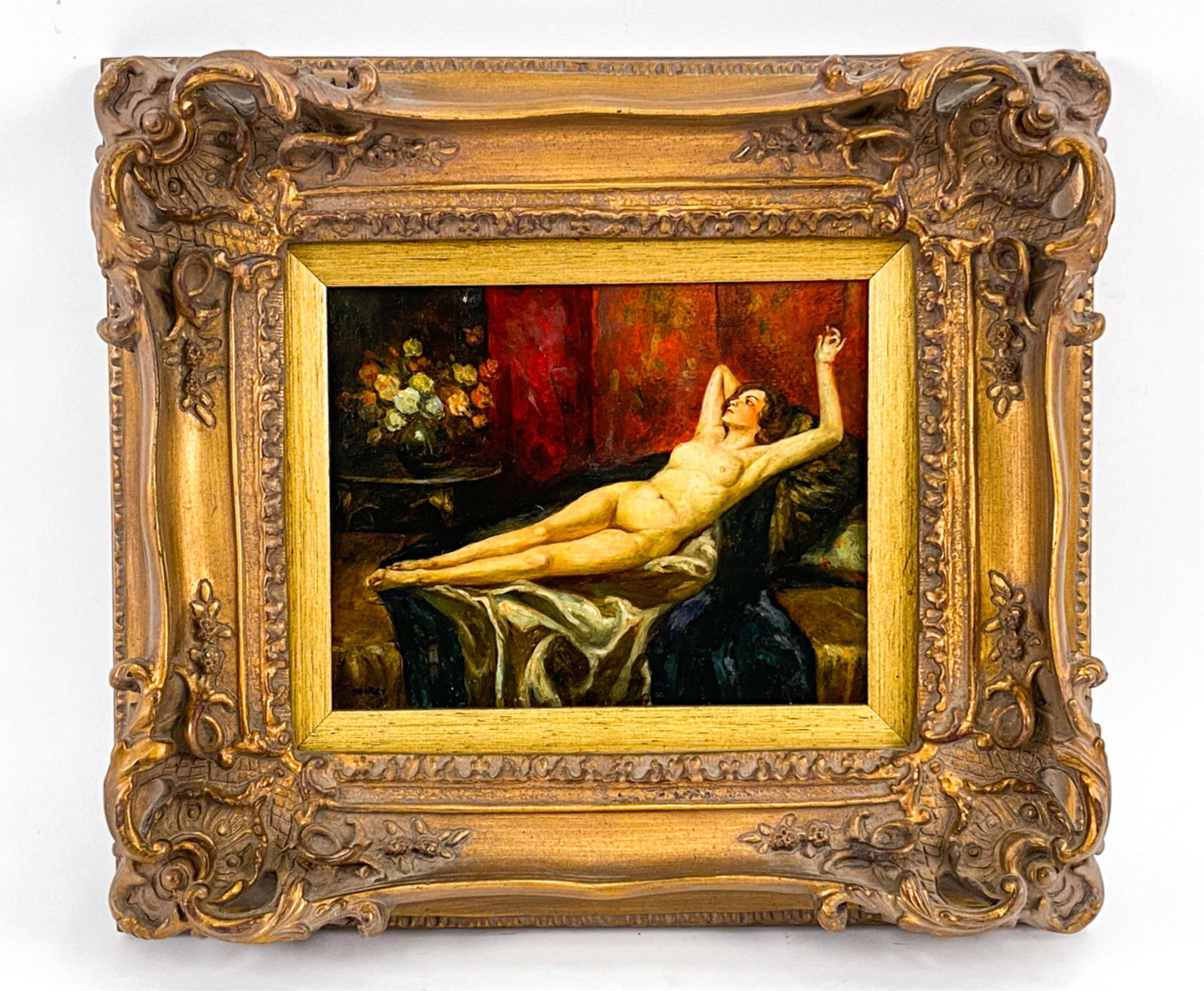 CONTEMPORARY OIL PAINTING NUDE: Reclining nude on panel. Signed lower left. Dimensions: (Frame) H 15" x W 17", (Panel) H 8" x W 10" Condition: Couple marks to the frame.