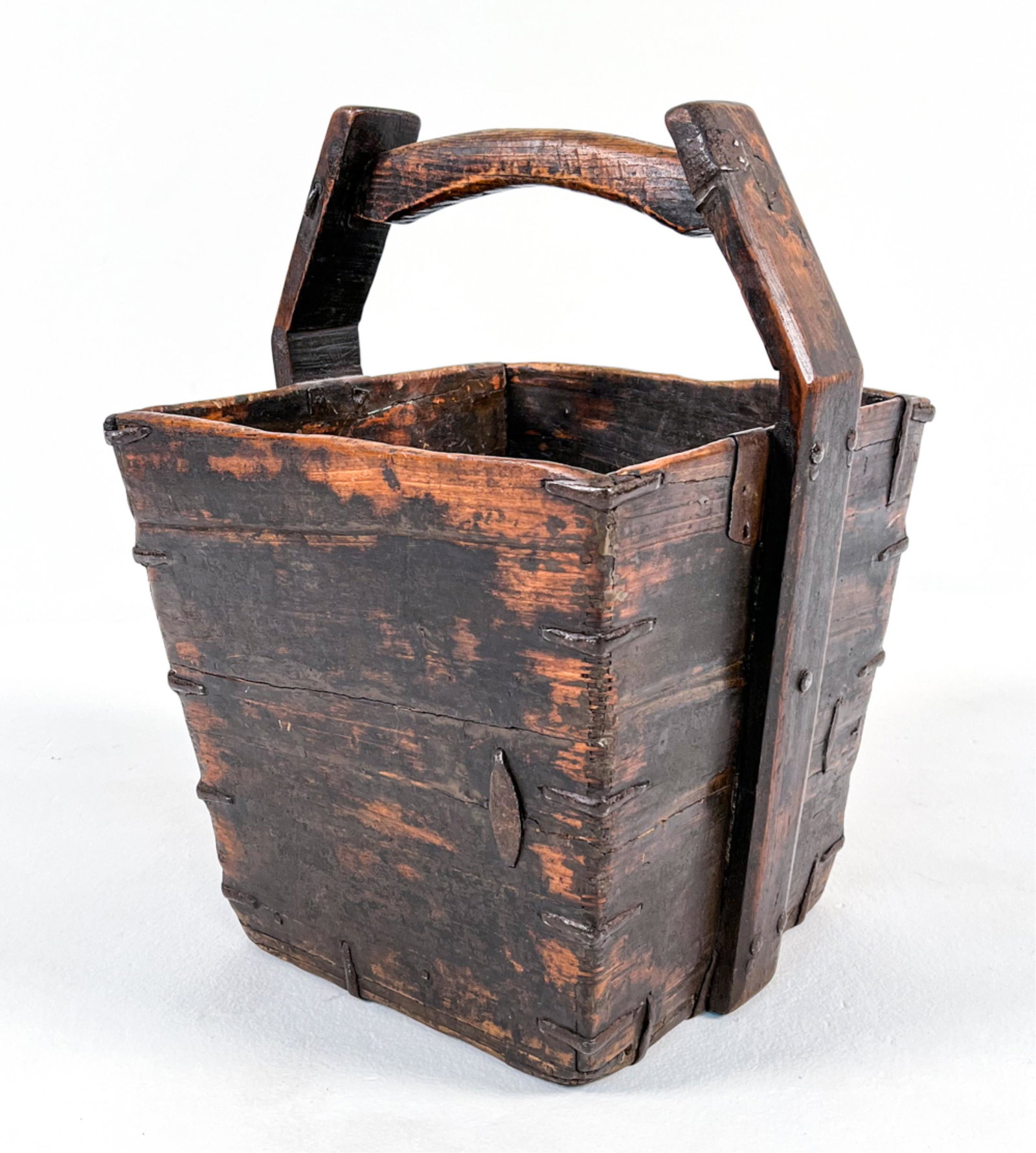 CHINESE CARVED WOOD BASKET: Dimensions: H 23" x W 16" x D 17" Condition: Stress cracks to wood; patination and wear consistent with age.