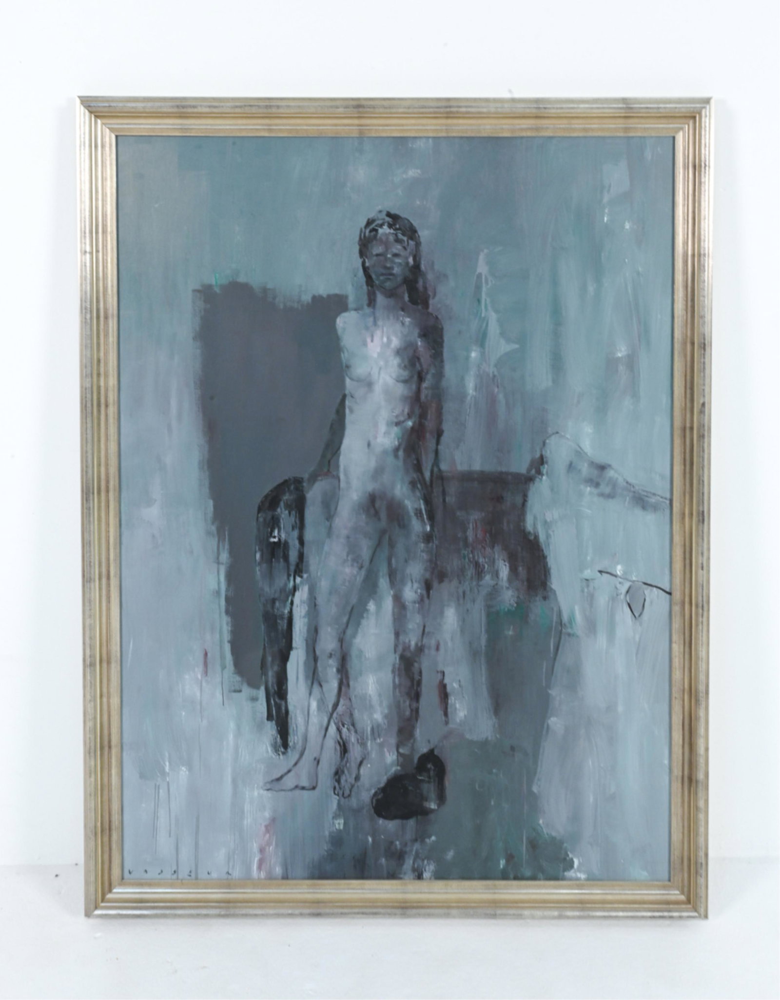 PHILIPPE VASSEUR, FRENCH (B. 1954) LARGE O/C NUDE: Large surrealist oil on canvas nude depicting woman and elephant. Signed Vasseur lower left. Dimensions: (Frame) H 55.75" x W 42.75", (Sight) H 50.5" x W 37.5" Condition: Few minor nicks to frame.