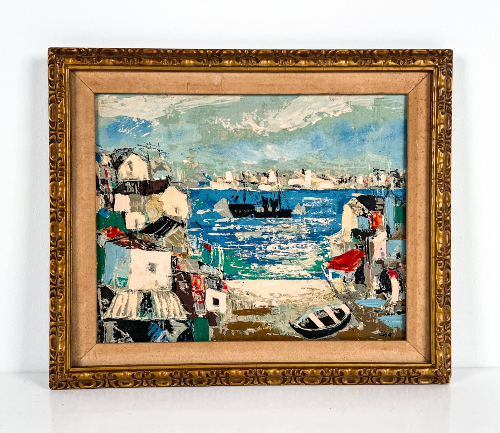 MID-CENTURY MIXED MEDIA HARBOR SCENE, SIGNED (1 of 8)