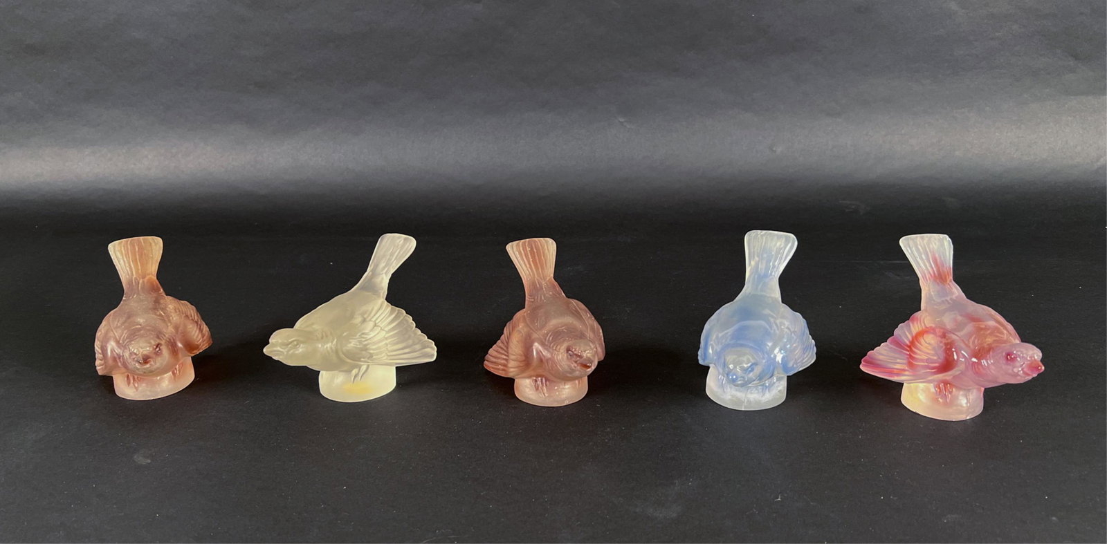 (5) 20TH C. CZECH PRESSED ART GLASS BIRDS: Czech, Inspired by Lalique; apparently unsigned. Dimensions: H 4" x W 3.25" x D 5.5" Condition: A few rubs, a couple flea bites to bases.