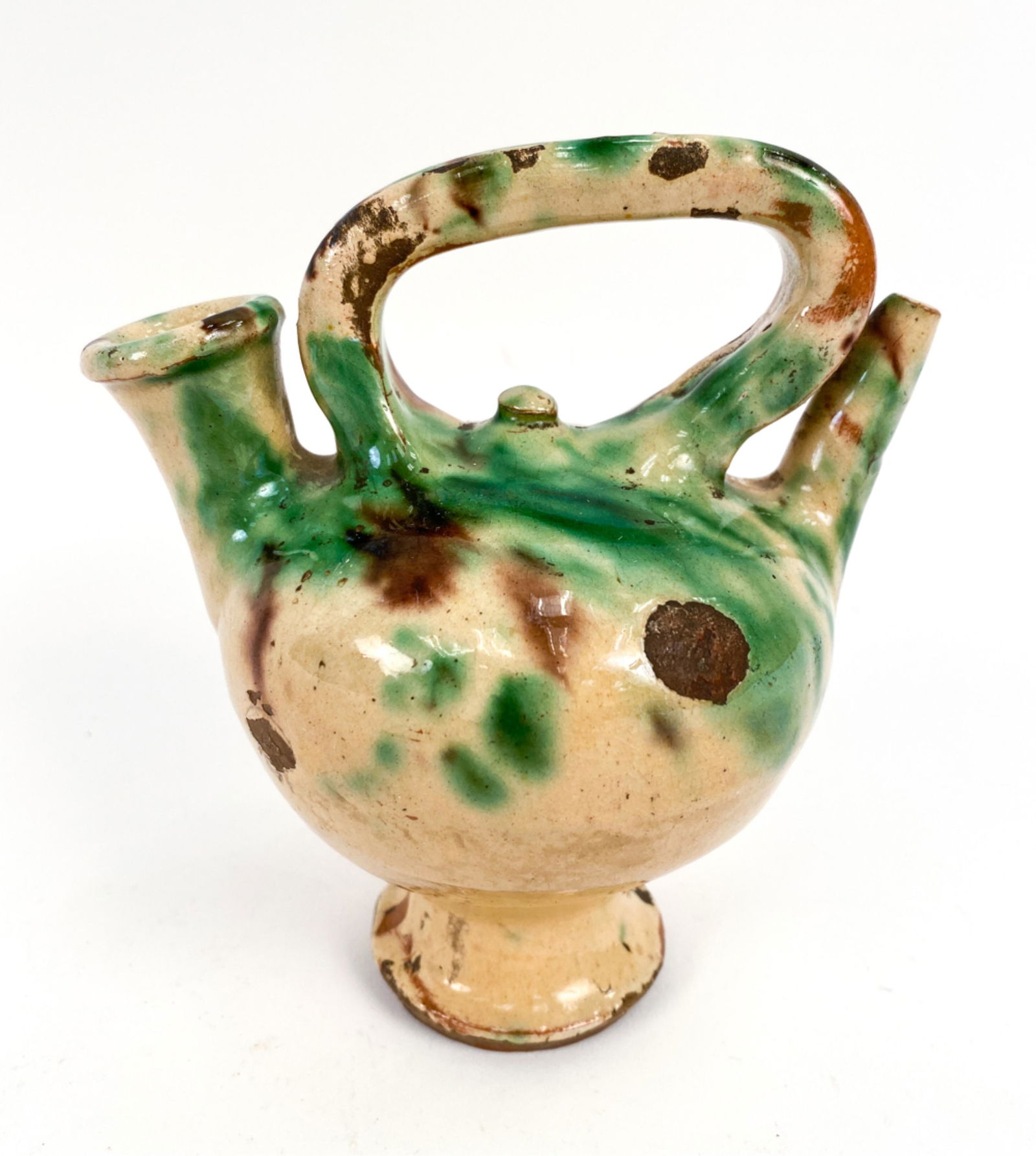 19TH C. FRENCH ANTIQUE JASPE GARGOULETTE POTTERY: Unusual smaller size. Jaspe design. Dimensions: H 5.5" x W 5" x D 3.75" Condition: Crazing. Some patches of glaze loss. Antique wear consistent with age and use.