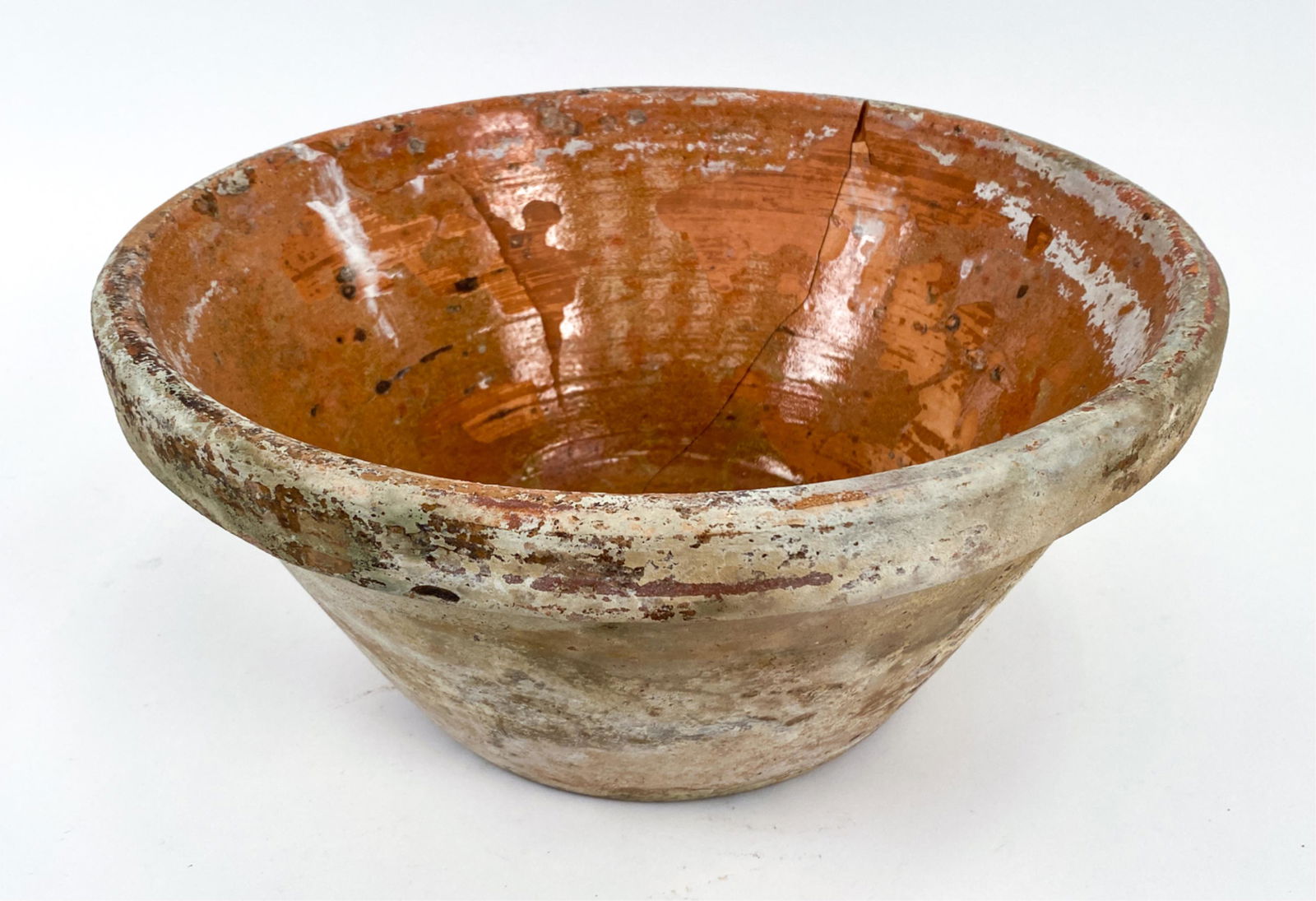 FRENCH ANTIQUE 17TH C. PLANTER BOWL POTTERY: Found on a dive in harbor of Marseille. Dimensions: H 7" x Dia. 15" Condition: Old losses, chips, glaze loss, repairs, and cracks. As is; wear consistent with dive excavation.