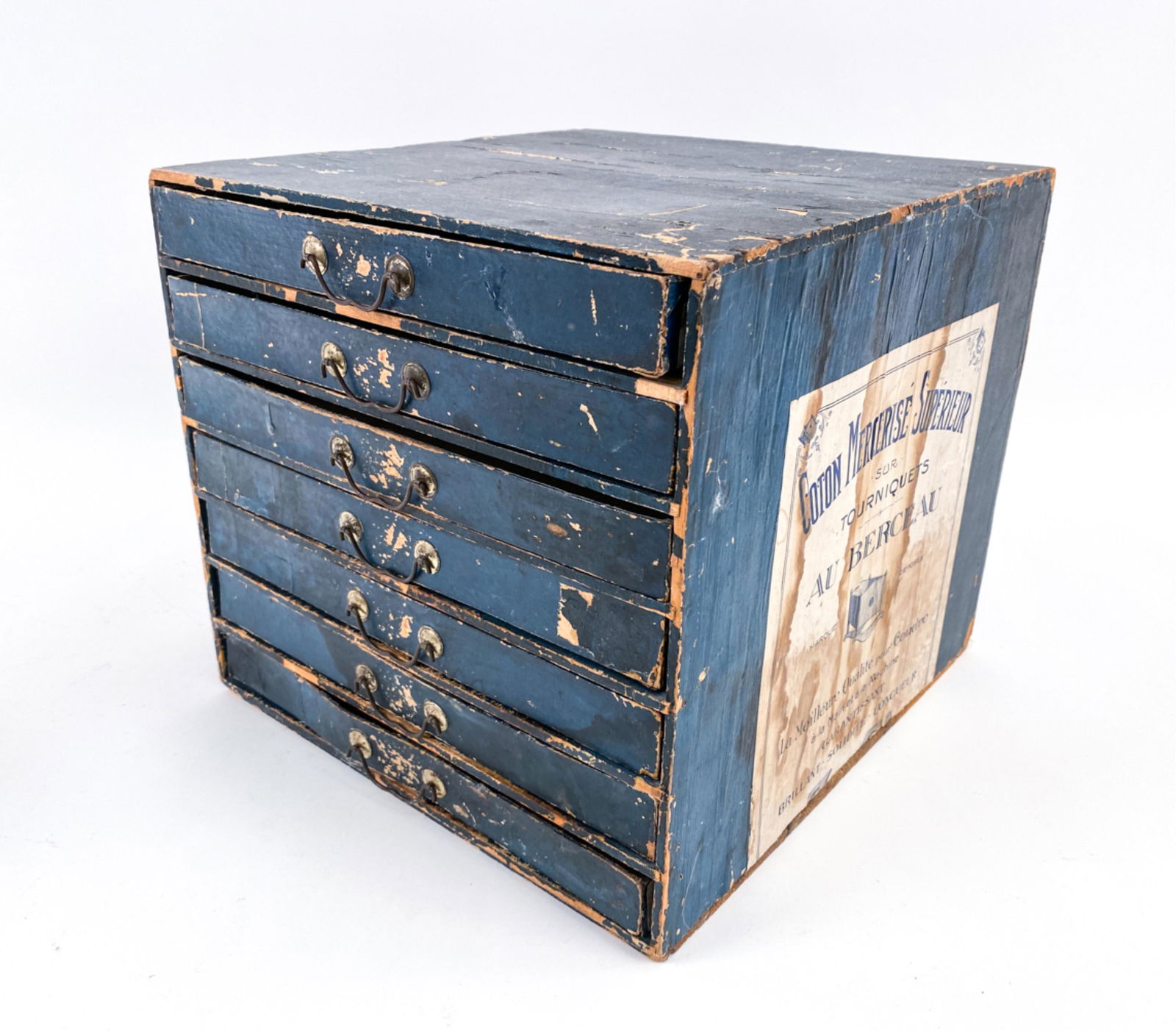 19TH C. FRENCH ANTIQUE MERCERISE COTTON BOX: A business box with drawers with show samples of cotton products. Dimensions: H 11.5" x W 12.5" x D 13.5" Condition: Wear consistent with age and use including paint losses, splits, water damage, soil
