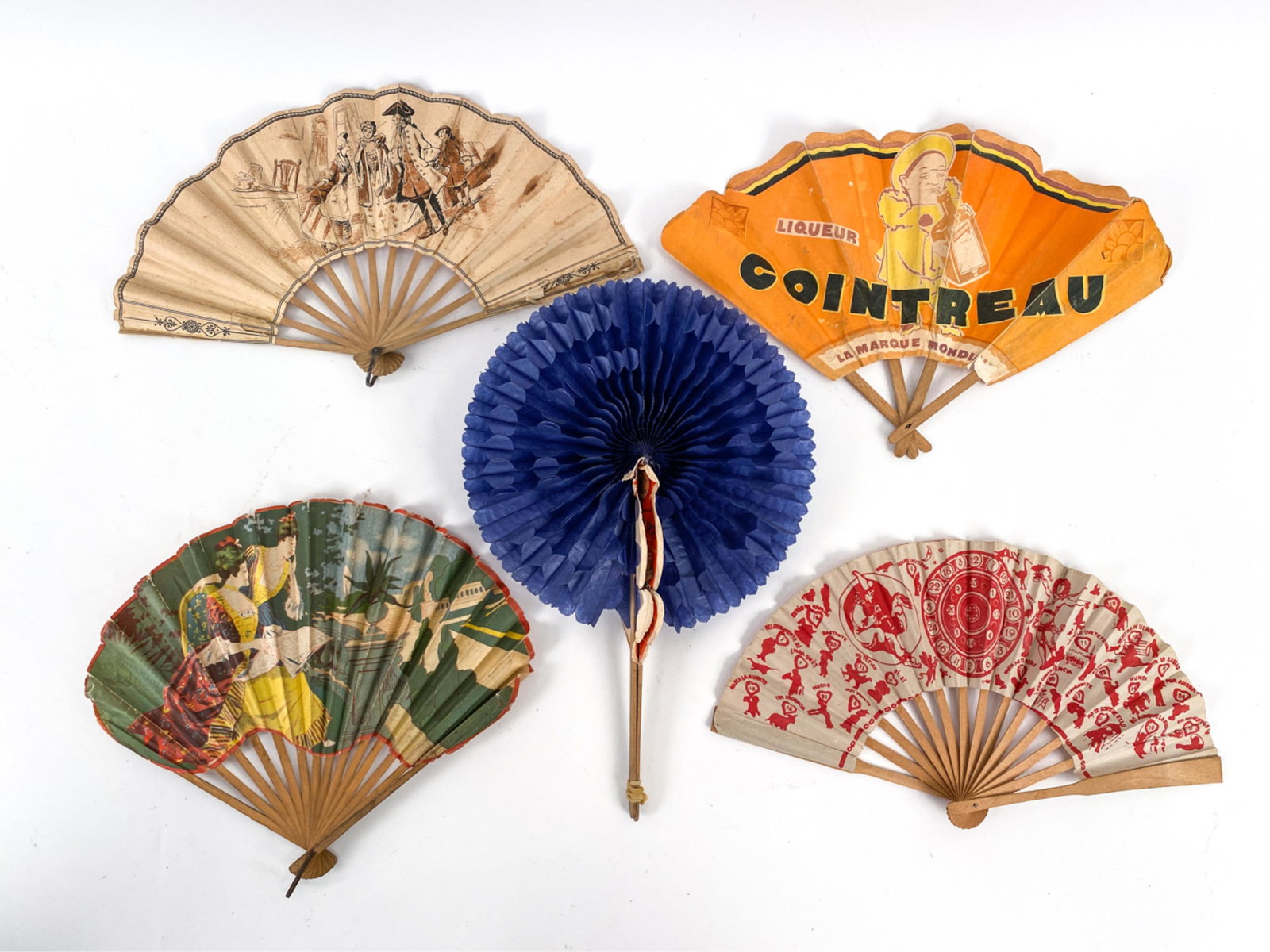 GROUPING OF VINTAGE FRENCH ADVERTISING FANS: Dimensions: (Longest, closed) L 9.25" Condition: Wear and tear consistent with age and use including toning, soiling, rips, losses, etc.